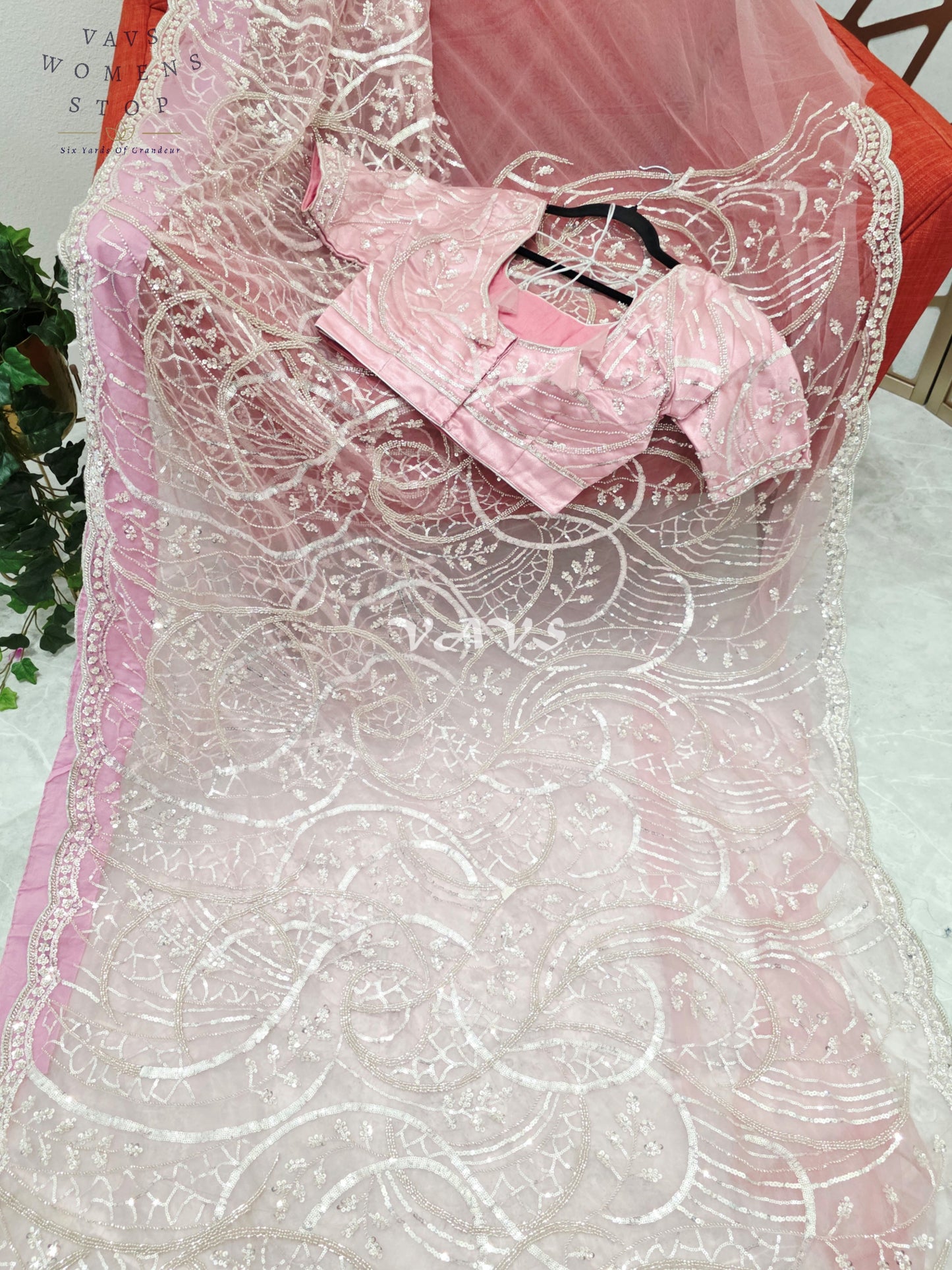 Regal Blush Rose & Champagne Silver Sequin Embroidered Net Cocktail Saree with Stitched Blouse