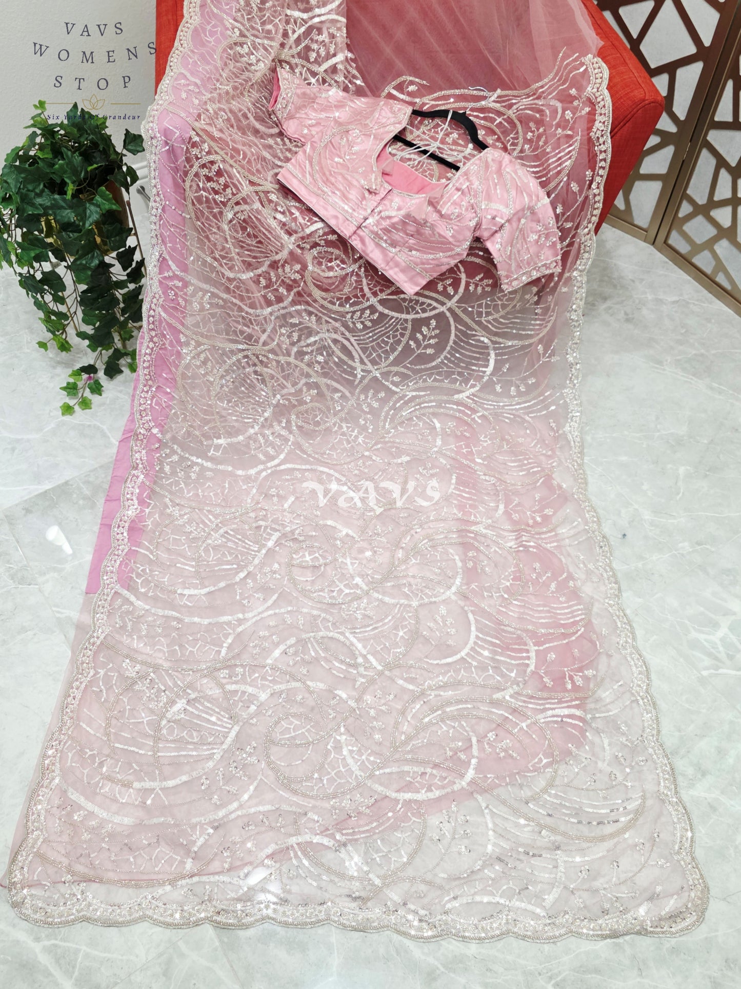 Regal Blush Rose & Champagne Silver Sequin Embroidered Net Cocktail Saree with Stitched Blouse