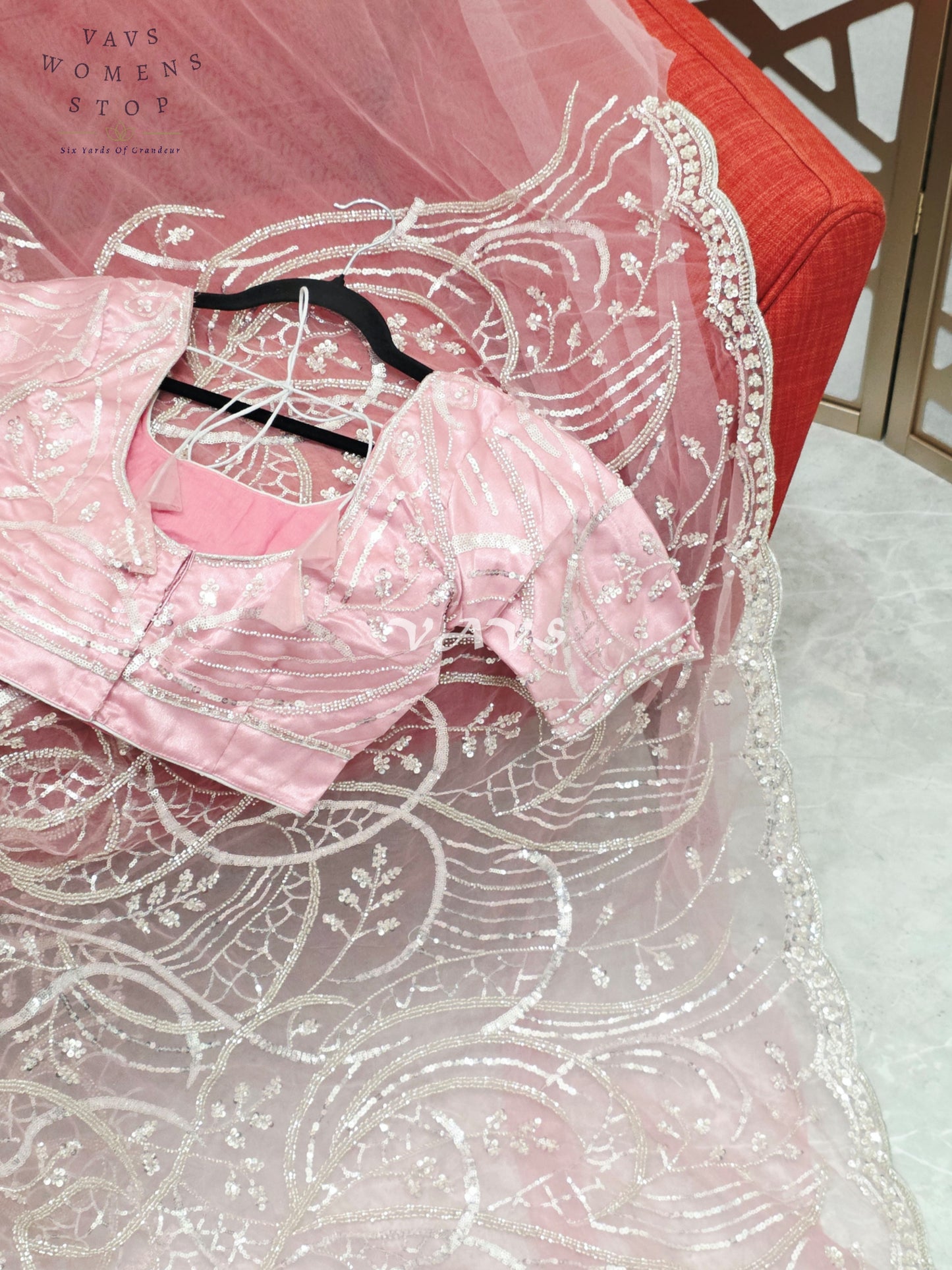 Regal Blush Rose & Champagne Silver Sequin Embroidered Net Cocktail Saree with Stitched Blouse