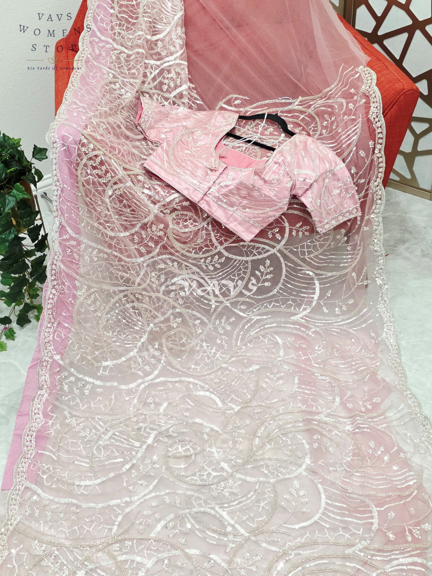 Regal Blush Rose & Champagne Silver Sequin Embroidered Net Cocktail Saree with Stitched Blouse