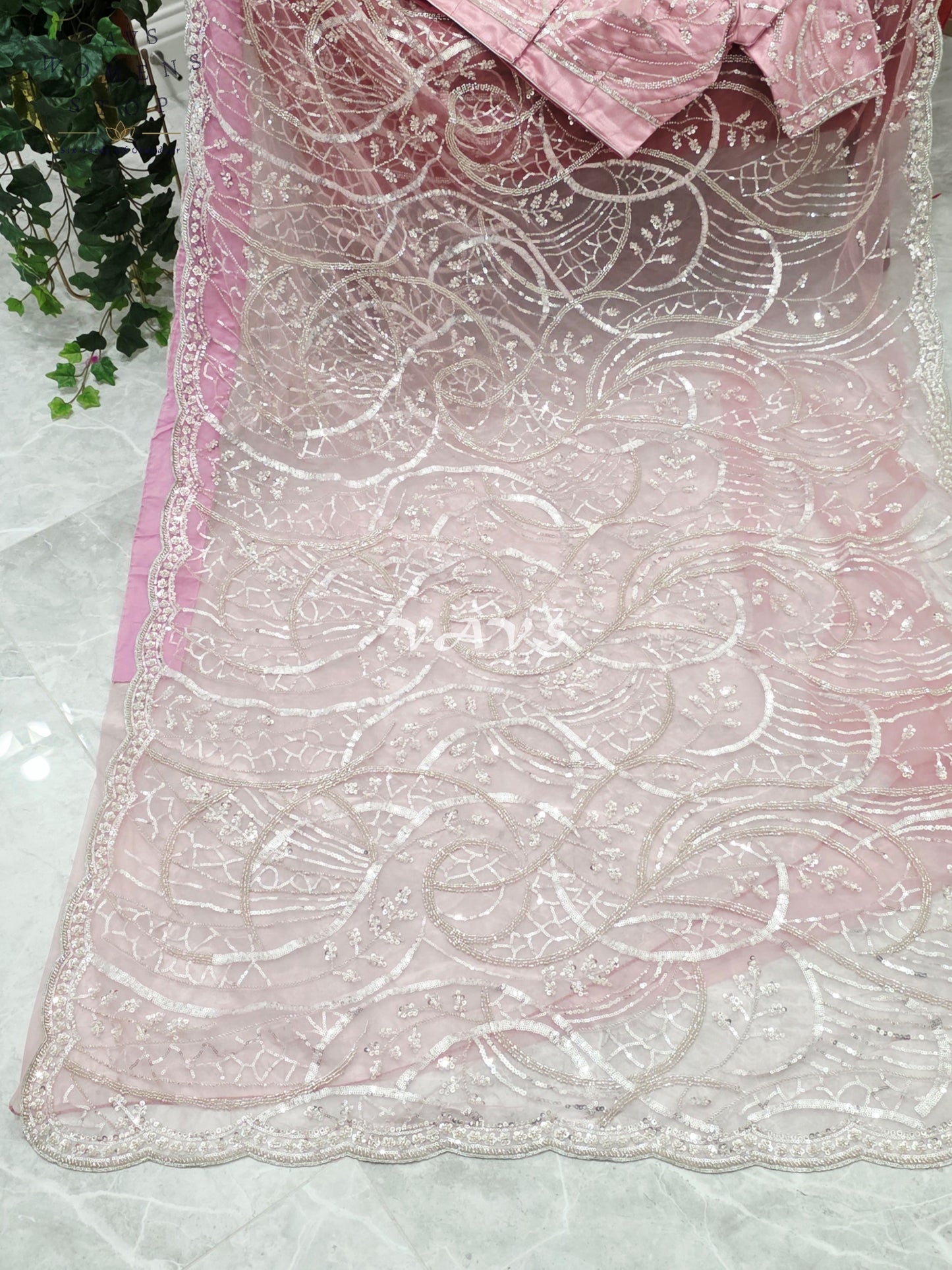 Regal Blush Rose & Champagne Silver Sequin Embroidered Net Cocktail Saree with Stitched Blouse