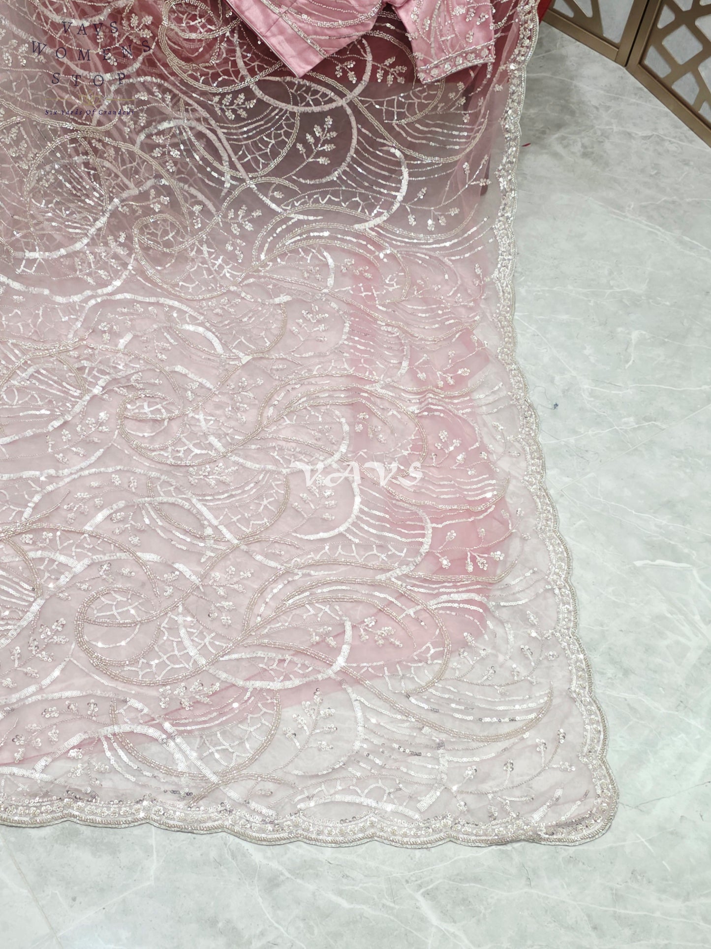 Regal Blush Rose & Champagne Silver Sequin Embroidered Net Cocktail Saree with Stitched Blouse