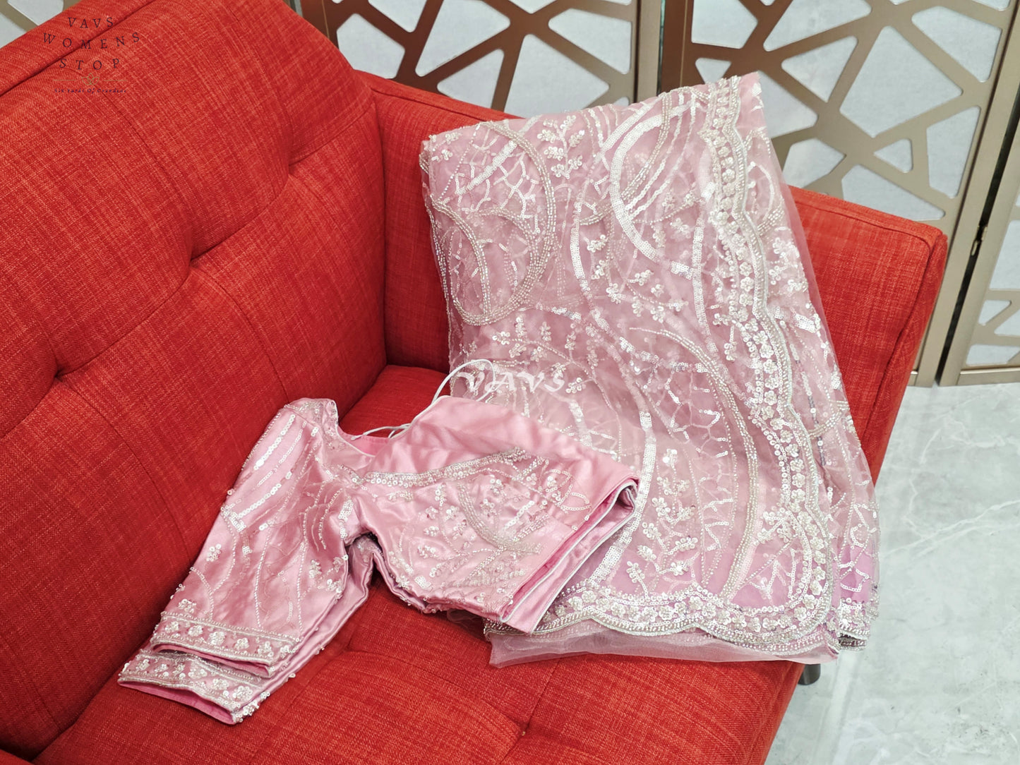 Regal Blush Rose & Champagne Silver Sequin Embroidered Net Cocktail Saree with Stitched Blouse