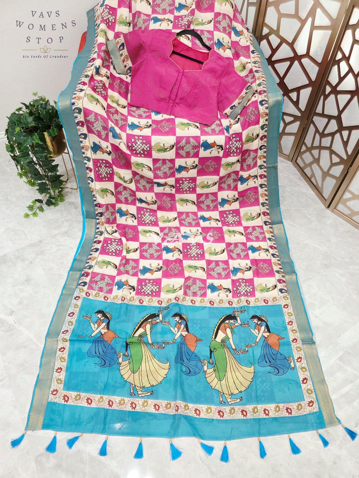 Regal Rani Pink & Turquoise Nizam Border Kalamkari Silk Saree with Kollam Buttas, Girl Figurine Print & Stitched Blouse