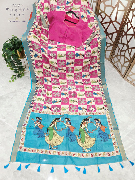 Regal Rani Pink & Turquoise Nizam Border Kalamkari Silk Saree with Kollam Buttas, Girl Figurine Print & Stitched Blouse