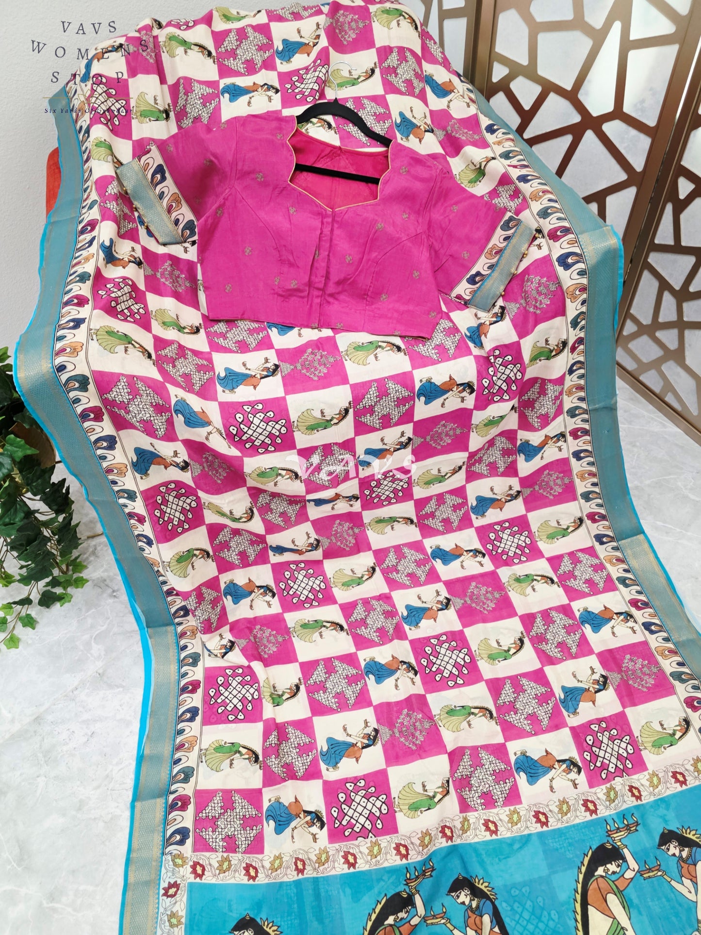 Regal Rani Pink & Turquoise Nizam Border Kalamkari Silk Saree with Kollam Buttas, Girl Figurine Print & Stitched Blouse