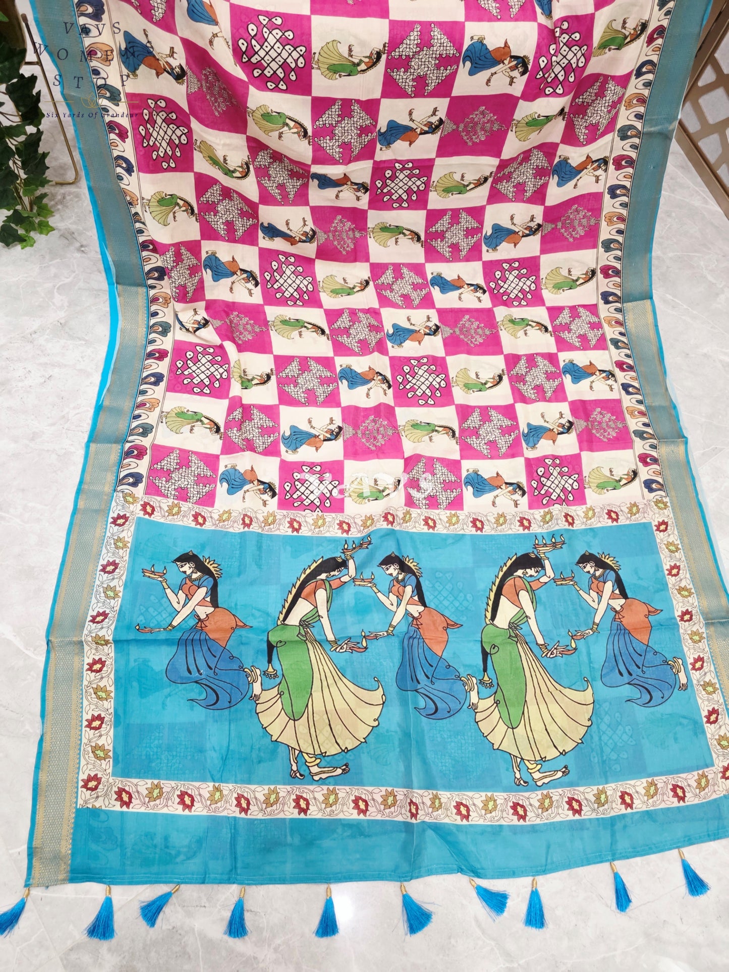 Regal Rani Pink & Turquoise Nizam Border Kalamkari Silk Saree with Kollam Buttas, Girl Figurine Print & Stitched Blouse