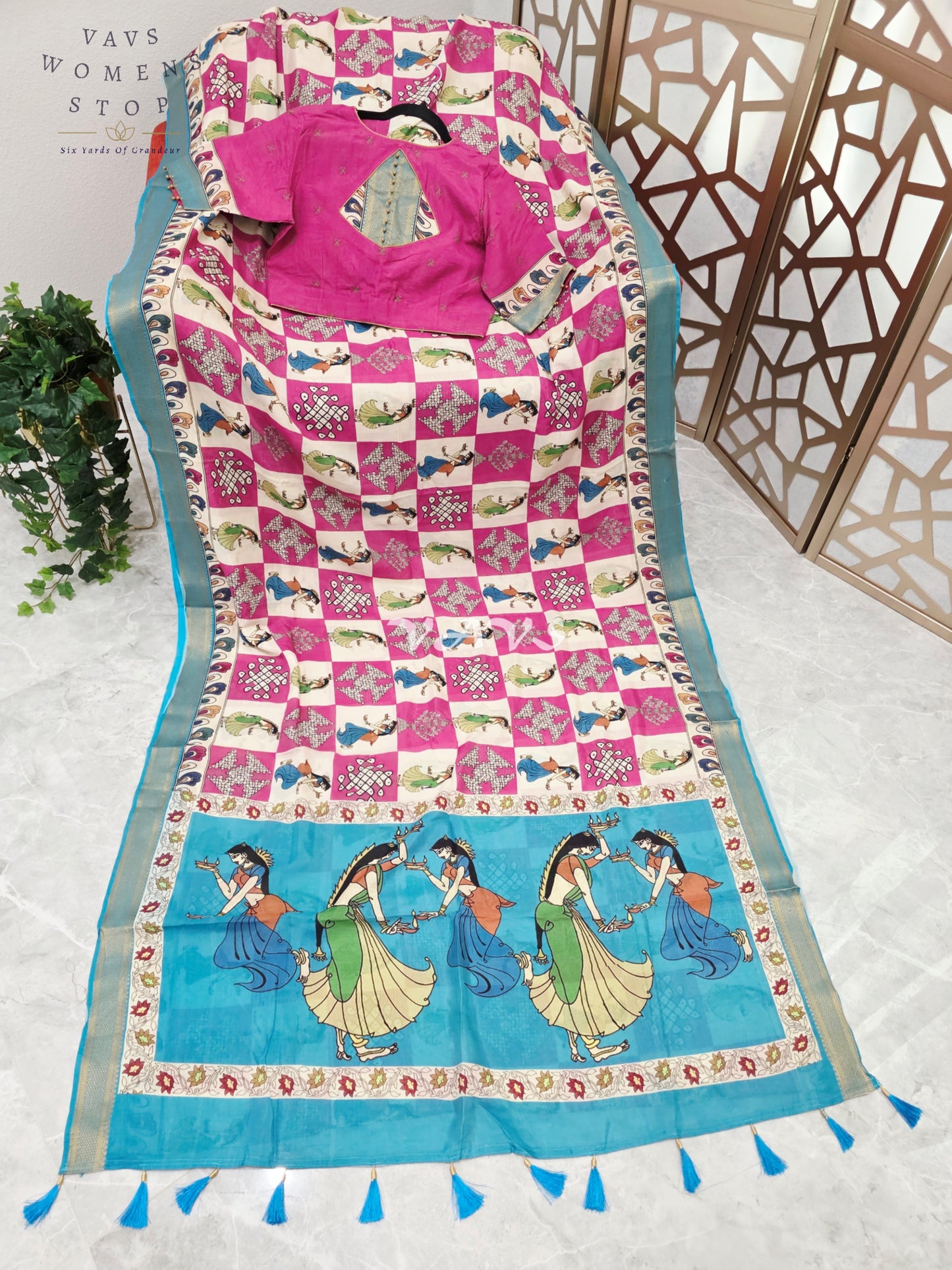 Regal Rani Pink & Turquoise Nizam Border Kalamkari Silk Saree with Kollam Buttas, Girl Figurine Print & Stitched Blouse