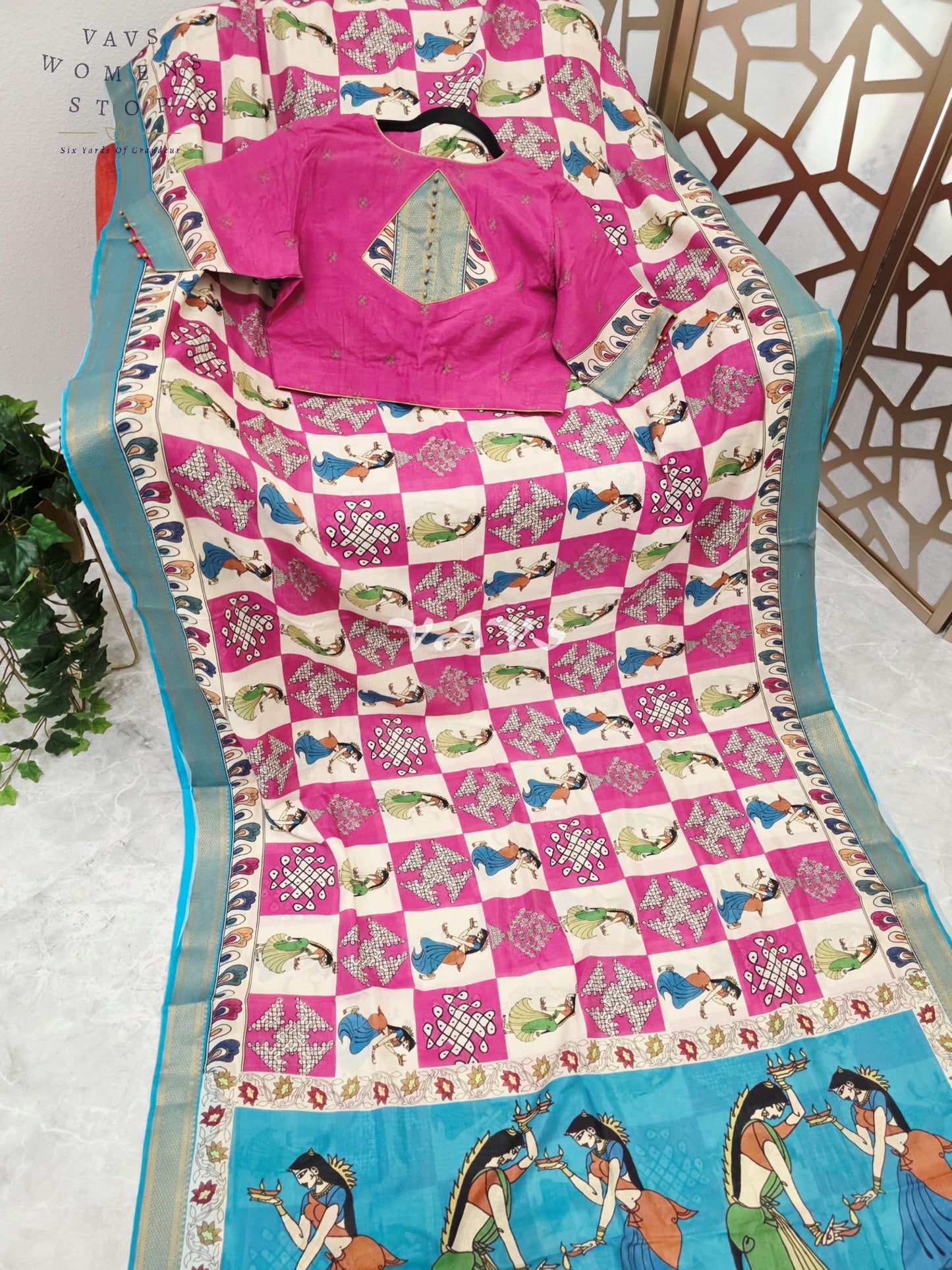Regal Rani Pink & Turquoise Nizam Border Kalamkari Silk Saree with Kollam Buttas, Girl Figurine Print & Stitched Blouse