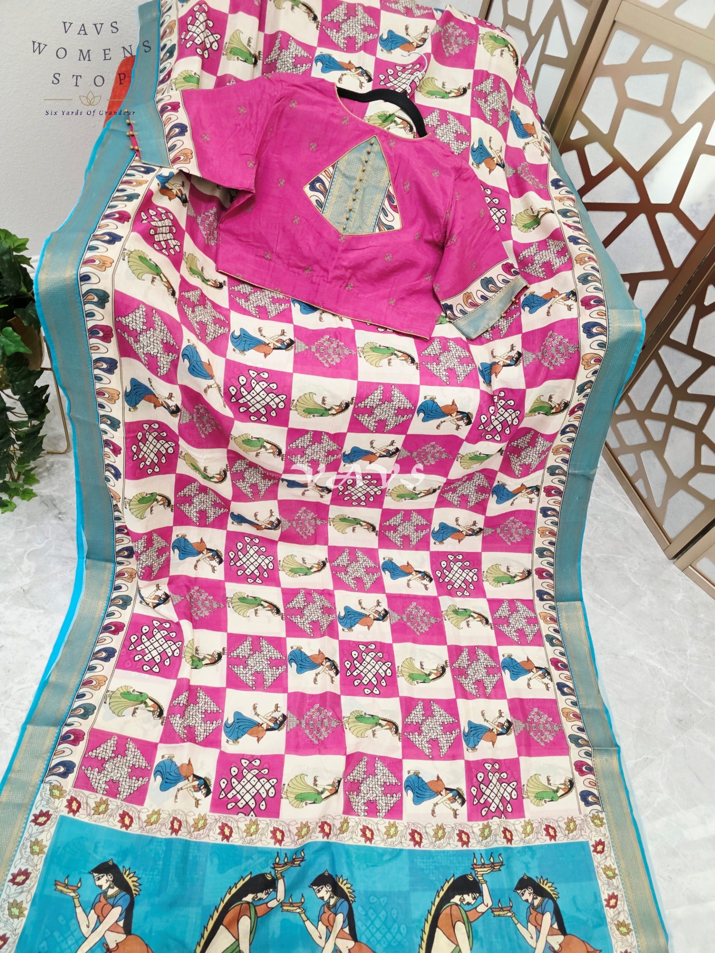 Regal Rani Pink & Turquoise Nizam Border Kalamkari Silk Saree with Kollam Buttas, Girl Figurine Print & Stitched Blouse
