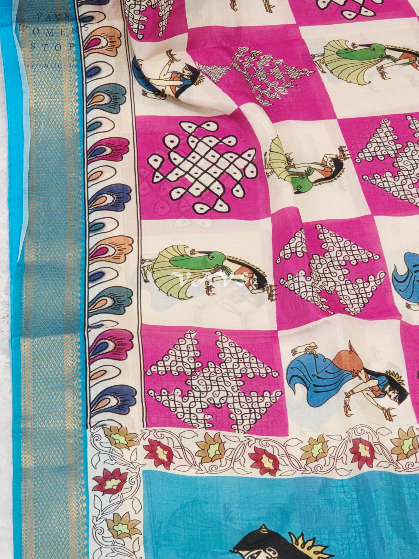 Regal Rani Pink & Turquoise Nizam Border Kalamkari Silk Saree with Kollam Buttas, Girl Figurine Print & Stitched Blouse