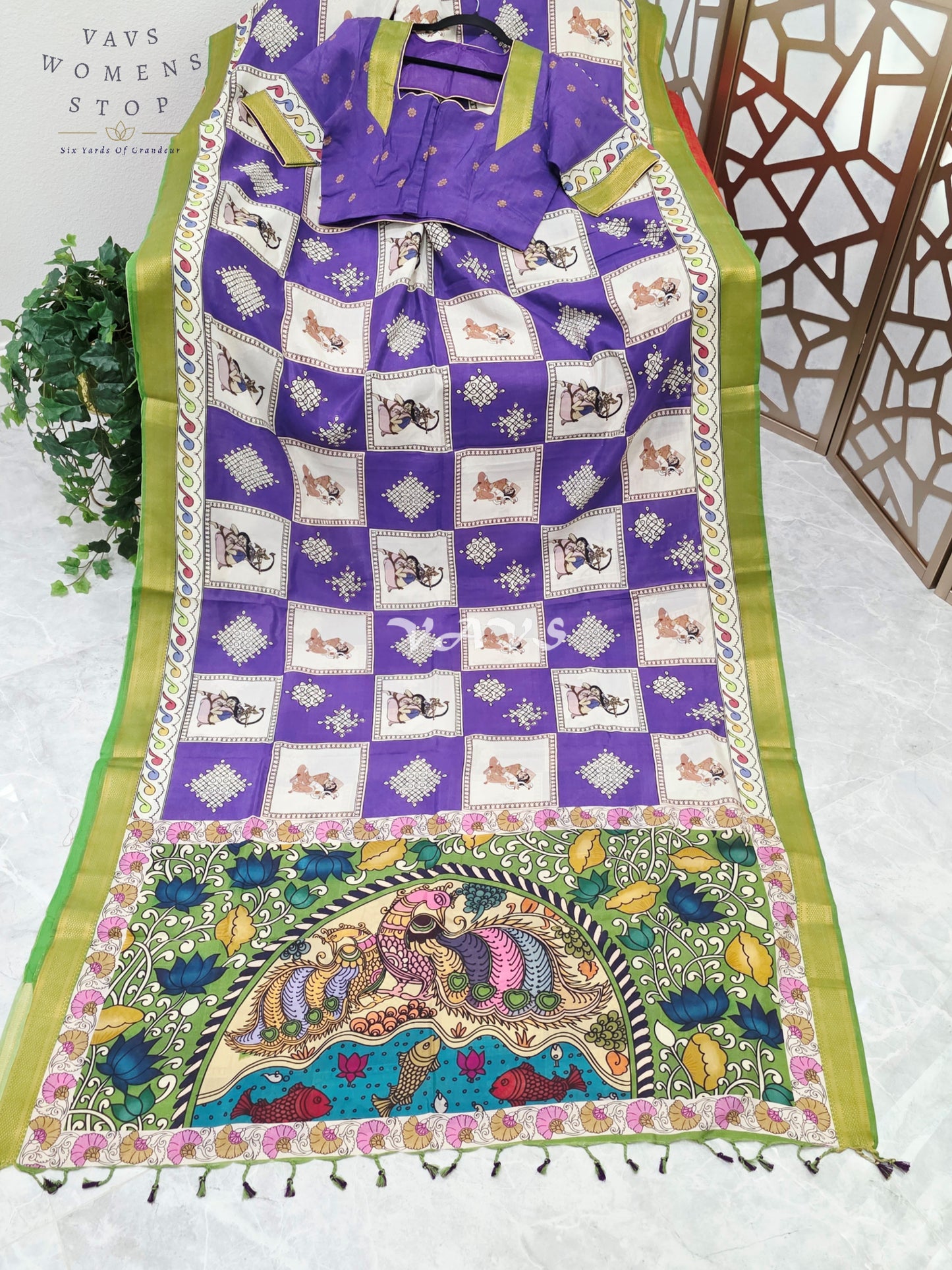 Royal Amethyst Kalamkari Silk Saree with Kollam Butta & Nizam Border