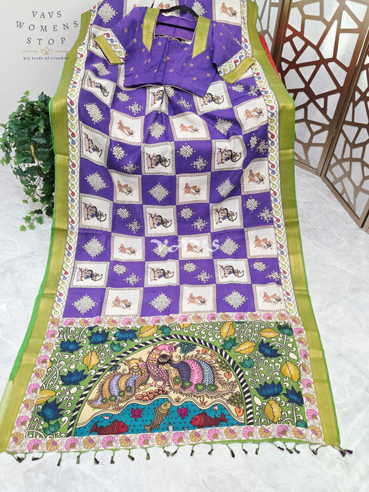 Royal Amethyst Kalamkari Silk Saree with Kollam Butta & Nizam Border