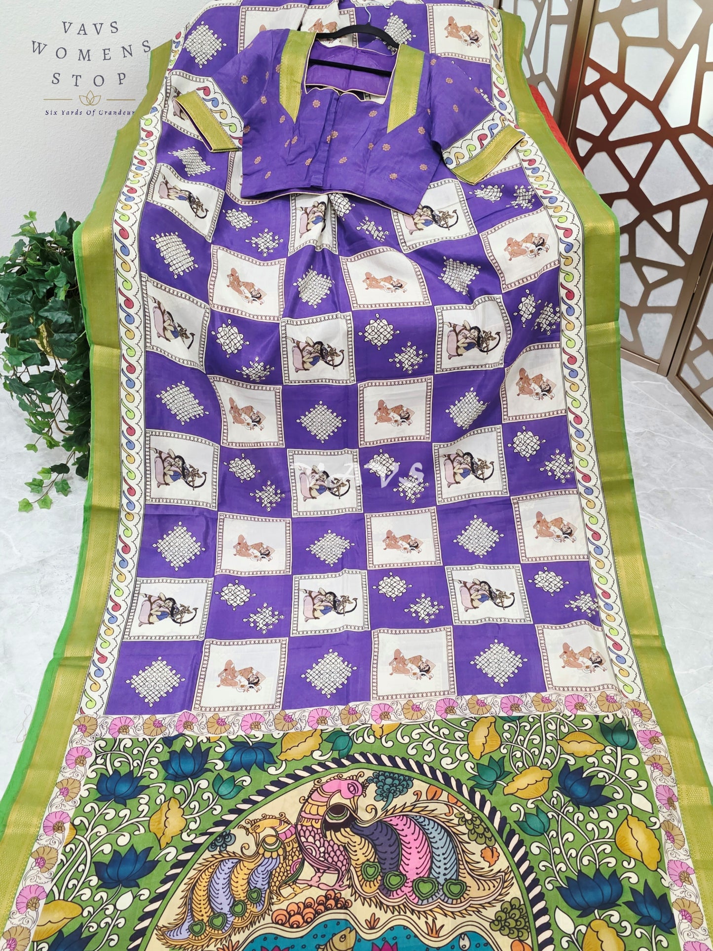 Royal Amethyst Kalamkari Silk Saree with Kollam Butta & Nizam Border
