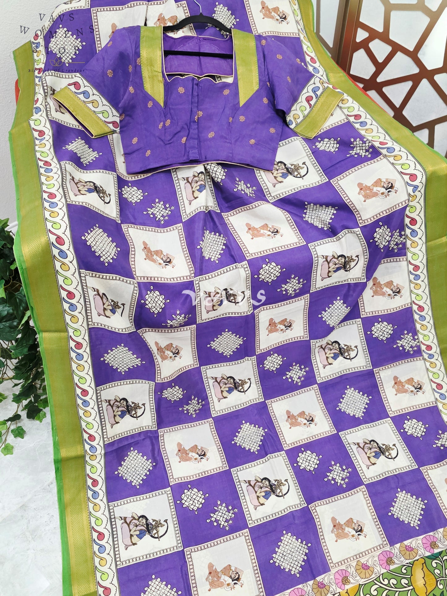 Royal Amethyst Kalamkari Silk Saree with Kollam Butta & Nizam Border