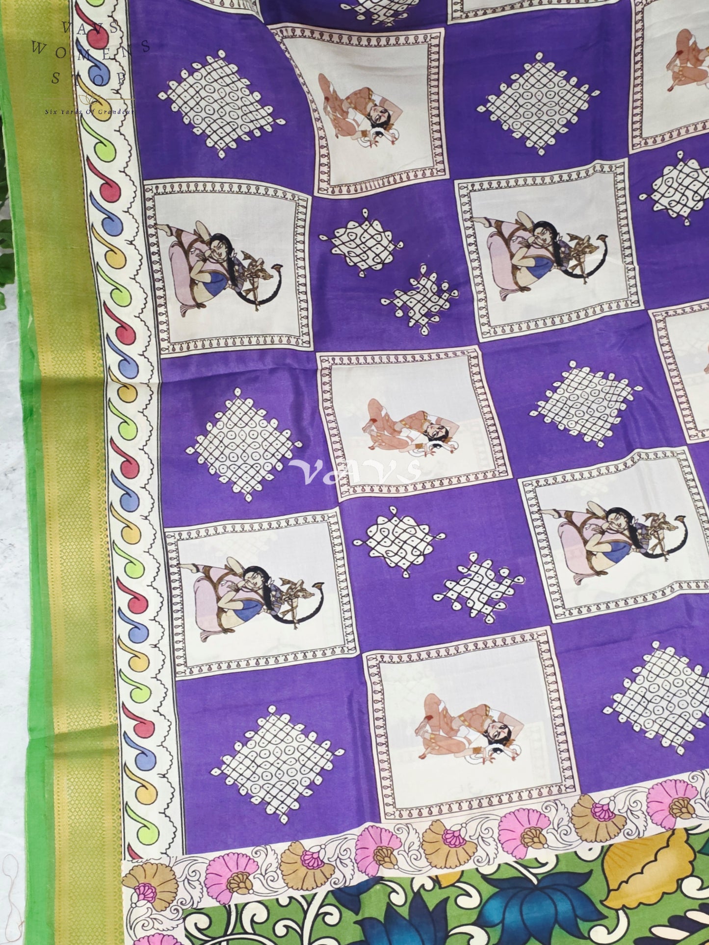 Royal Amethyst Kalamkari Silk Saree with Kollam Butta & Nizam Border