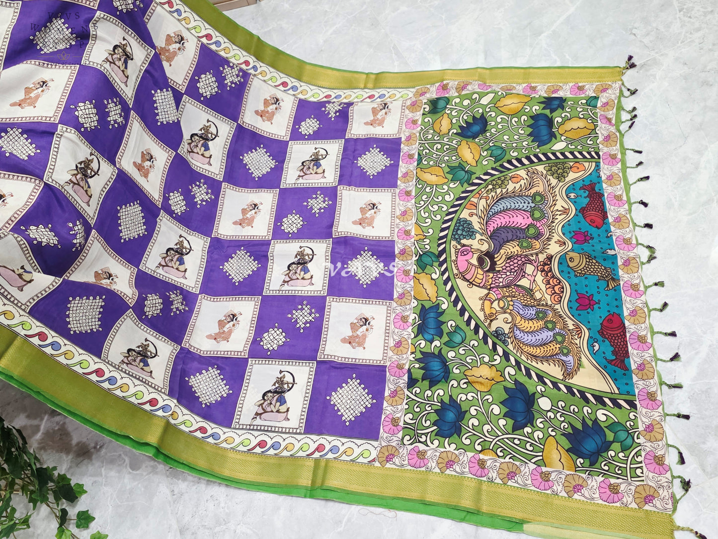 Royal Amethyst Kalamkari Silk Saree with Kollam Butta & Nizam Border