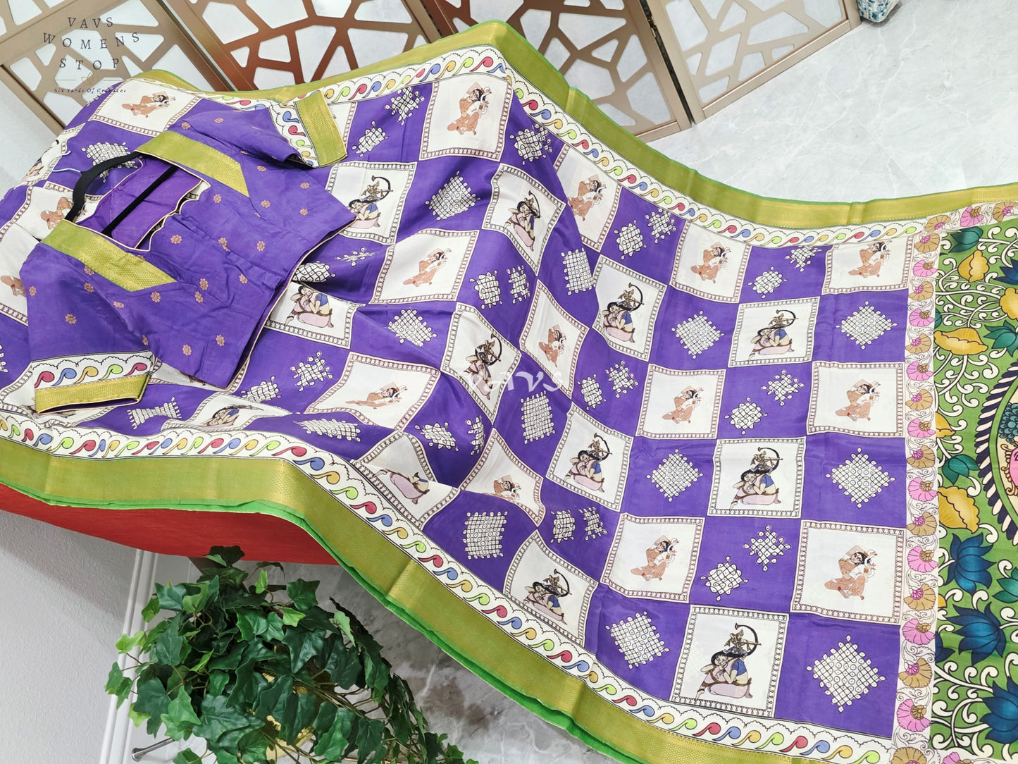 Royal Amethyst Kalamkari Silk Saree with Kollam Butta & Nizam Border