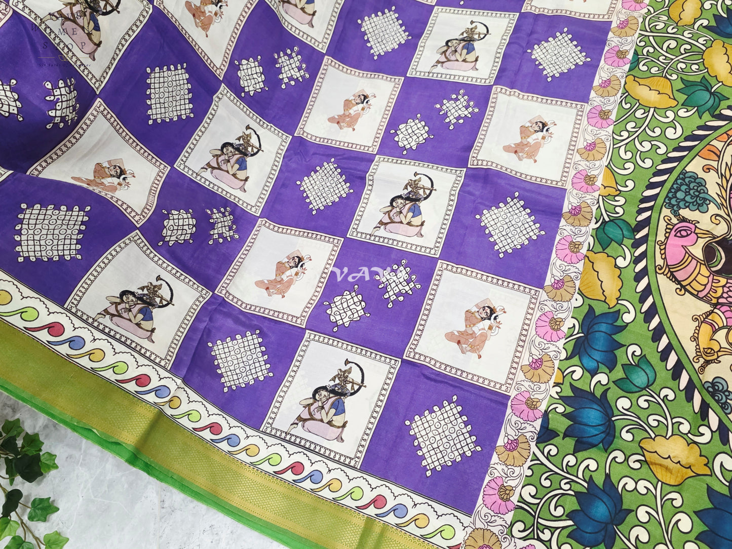 Royal Amethyst Kalamkari Silk Saree with Kollam Butta & Nizam Border