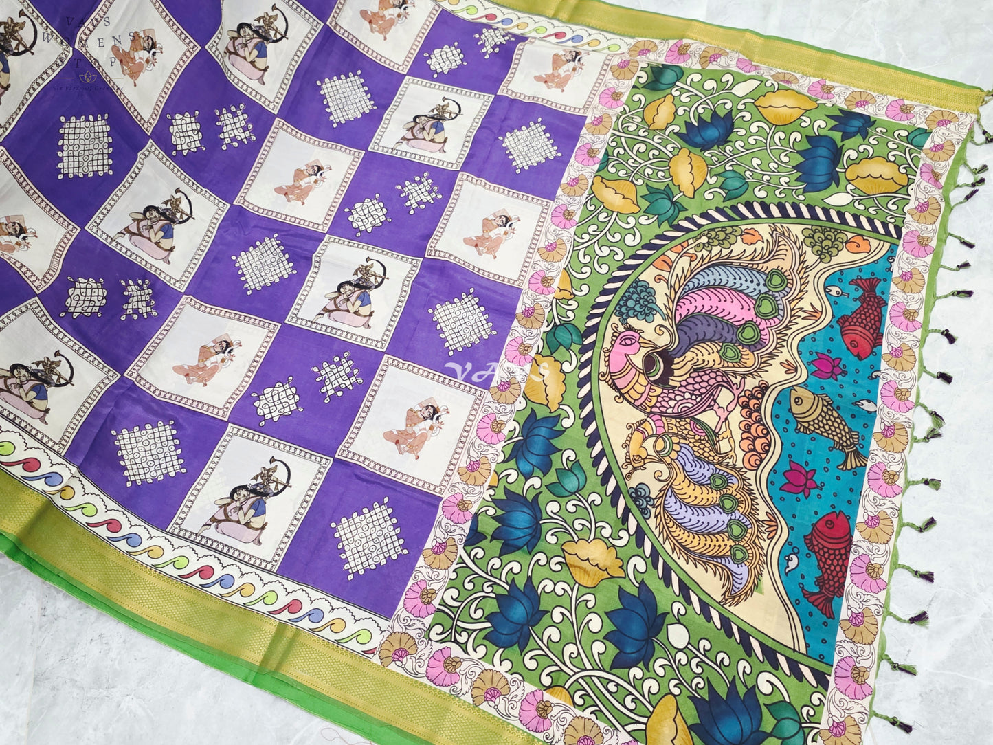 Royal Amethyst Kalamkari Silk Saree with Kollam Butta & Nizam Border