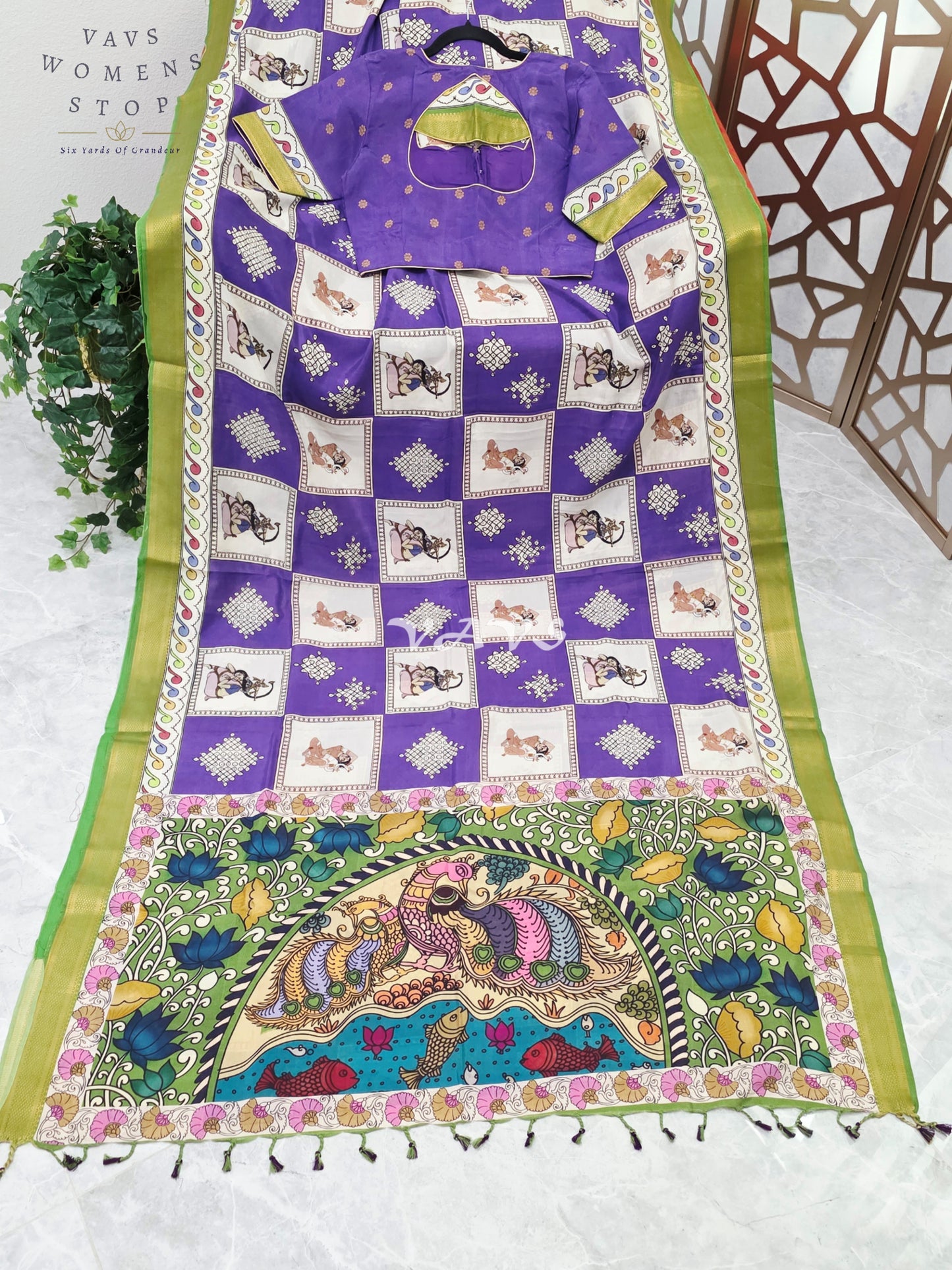 Royal Amethyst Kalamkari Silk Saree with Kollam Butta & Nizam Border