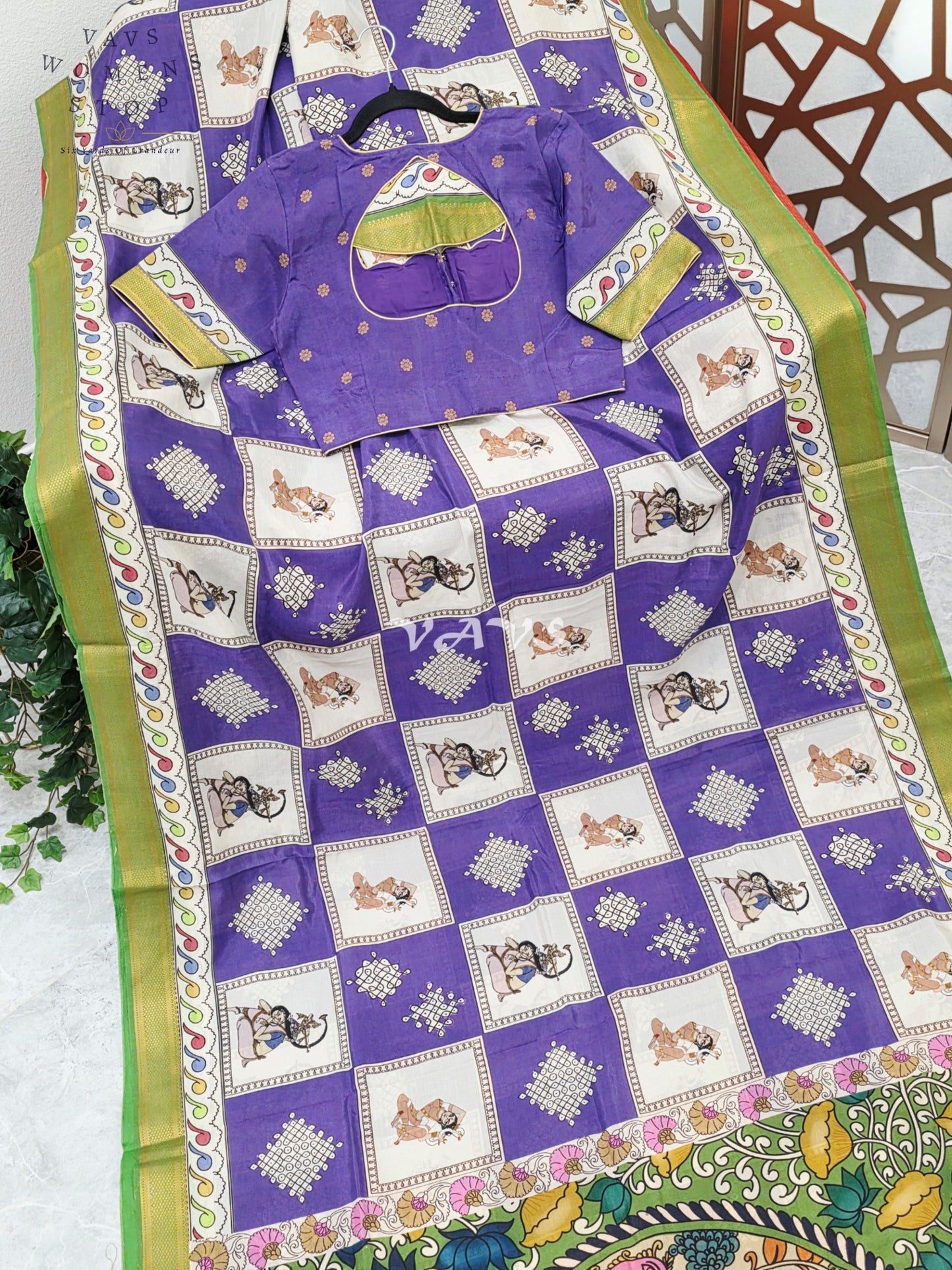 Royal Amethyst Kalamkari Silk Saree with Kollam Butta & Nizam Border