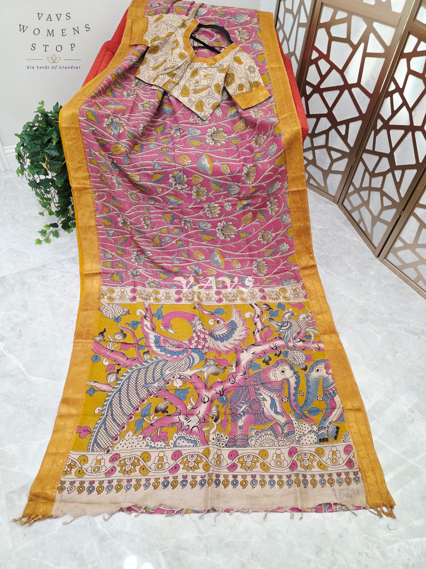 Regal Rose Pink Kalamkari Silk Saree with Mustard Gold Nizam Border & Ivory Stitched Blouse Size 36-42