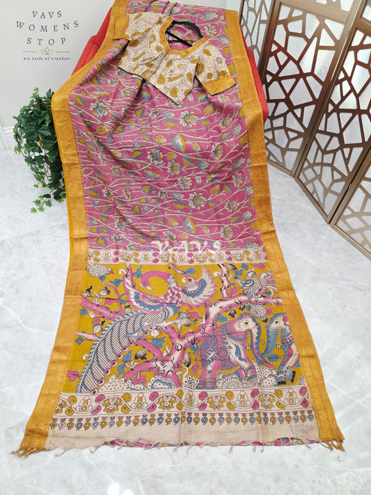 Regal Rose Pink Kalamkari Silk Saree with Mustard Gold Nizam Border & Ivory Stitched Blouse Size 36-42