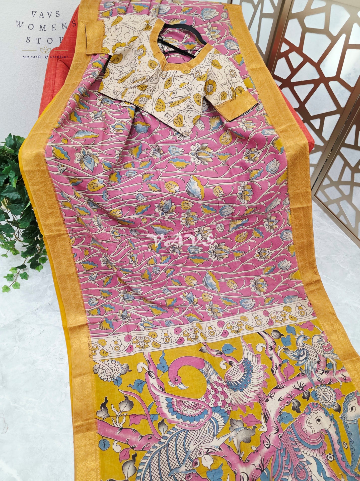 Regal Rose Pink Kalamkari Silk Saree with Mustard Gold Nizam Border & Ivory Stitched Blouse Size 36-42