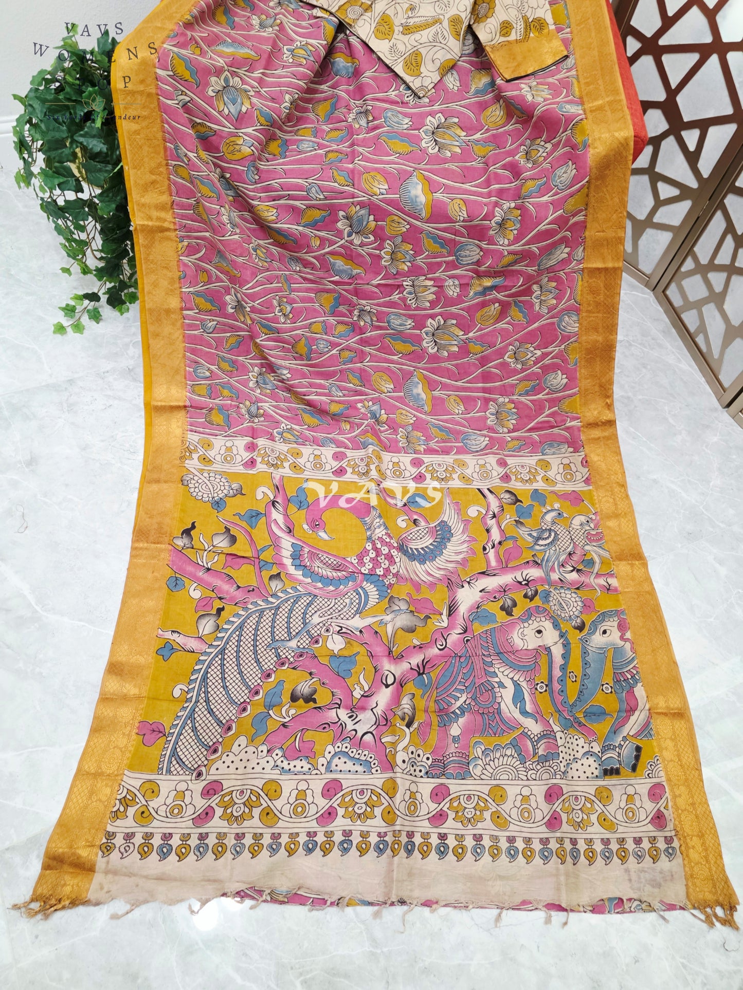 Regal Rose Pink Kalamkari Silk Saree with Mustard Gold Nizam Border & Ivory Stitched Blouse Size 36-42