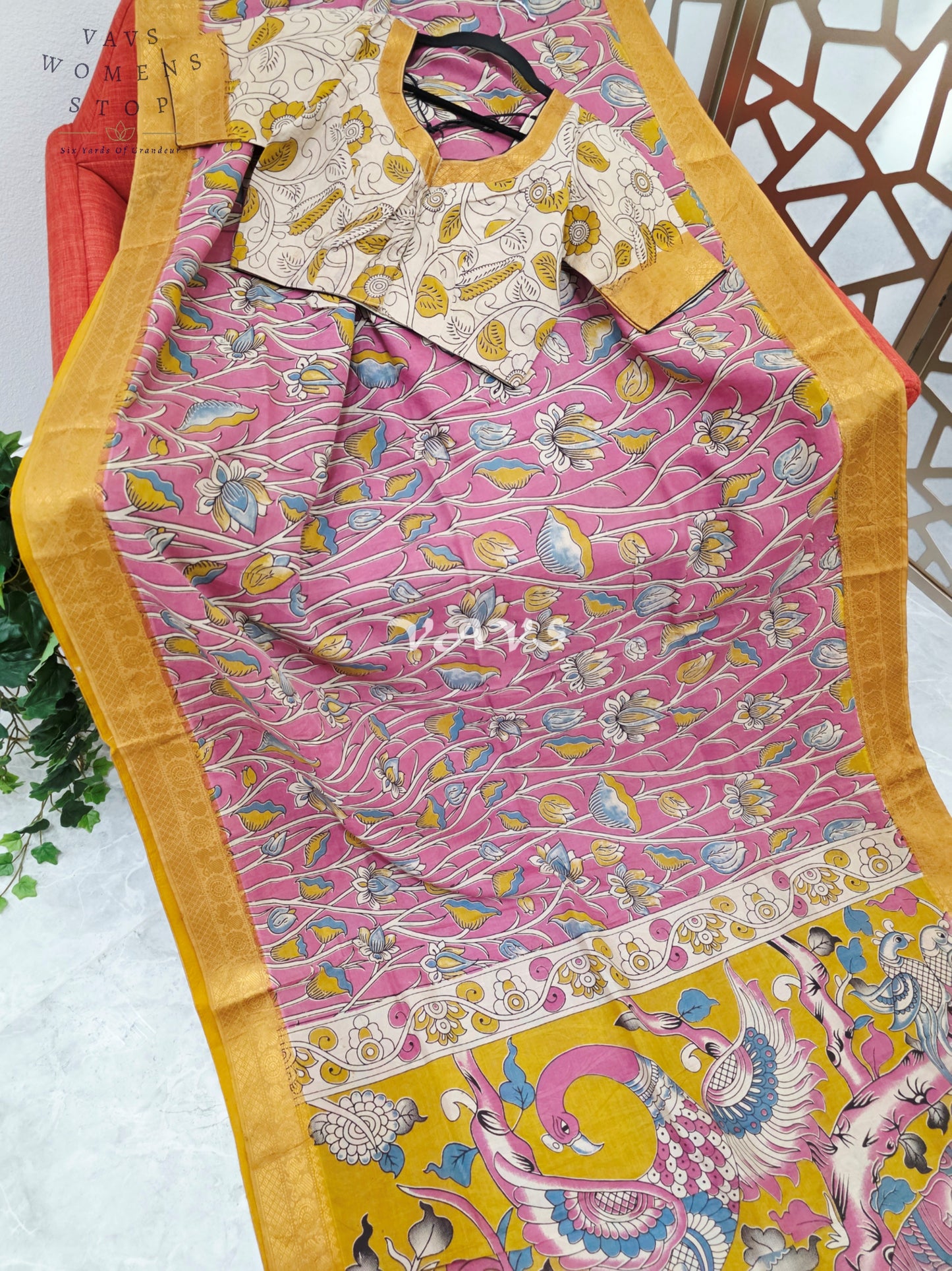 Regal Rose Pink Kalamkari Silk Saree with Mustard Gold Nizam Border & Ivory Stitched Blouse Size 36-42