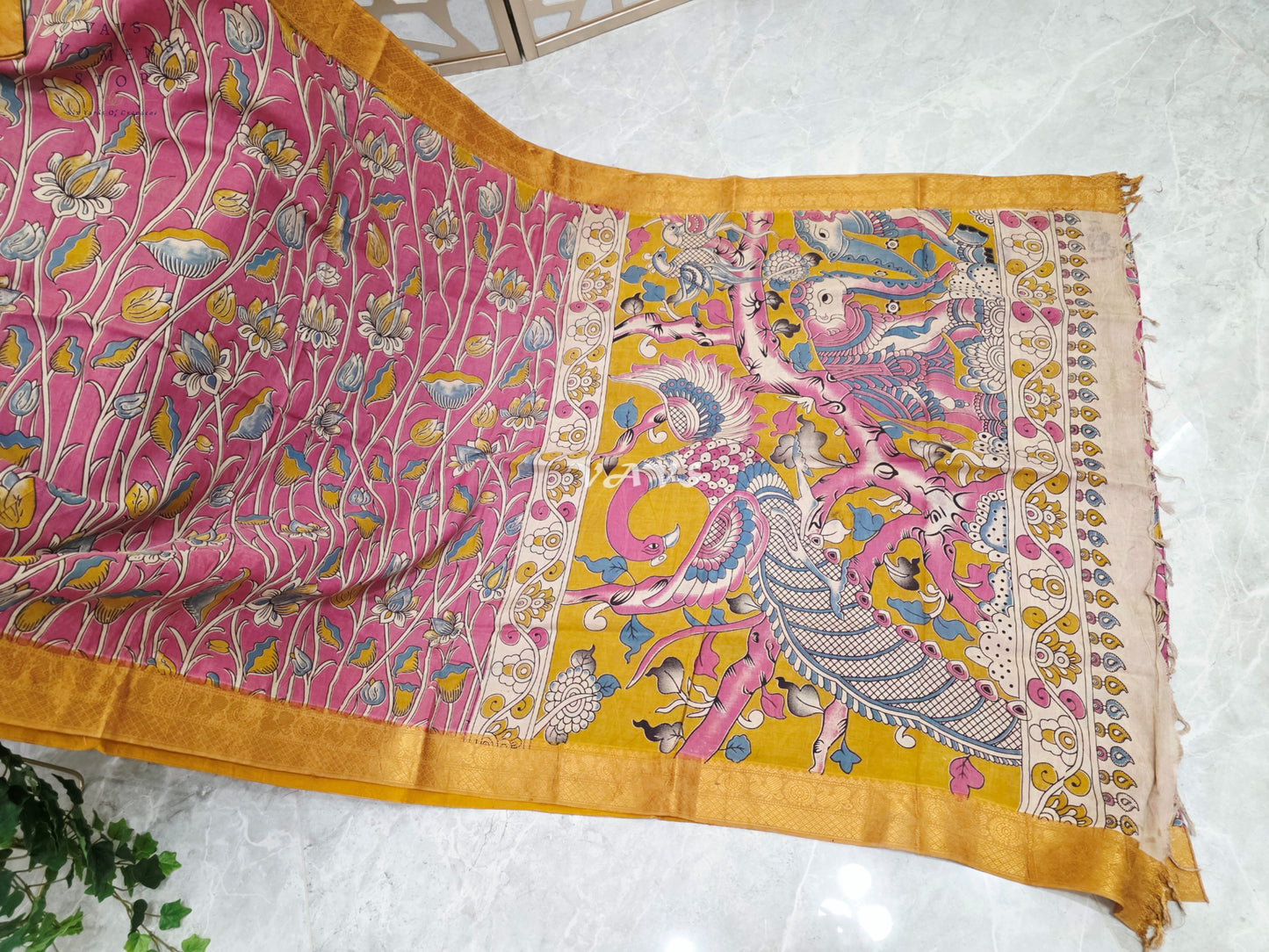 Regal Rose Pink Kalamkari Silk Saree with Mustard Gold Nizam Border & Ivory Stitched Blouse Size 36-42