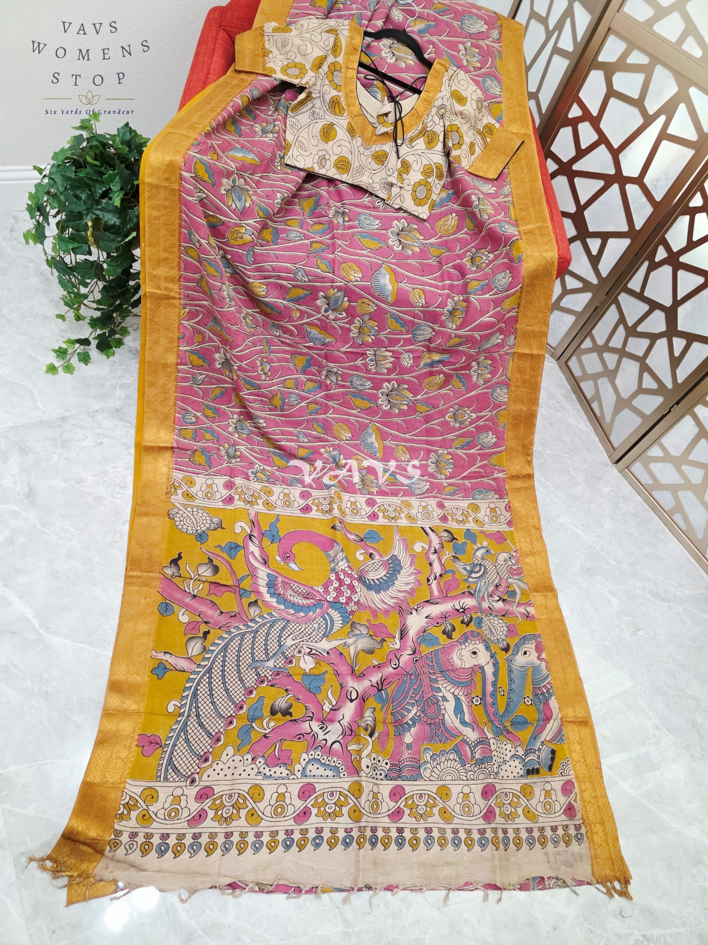 Regal Rose Pink Kalamkari Silk Saree with Mustard Gold Nizam Border & Ivory Stitched Blouse Size 36-42