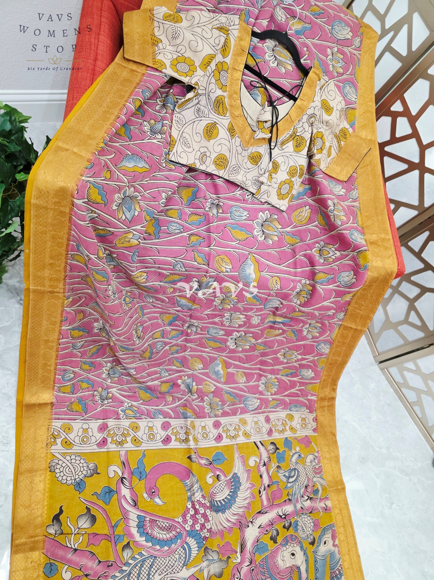 Regal Rose Pink Kalamkari Silk Saree with Mustard Gold Nizam Border & Ivory Stitched Blouse Size 36-42