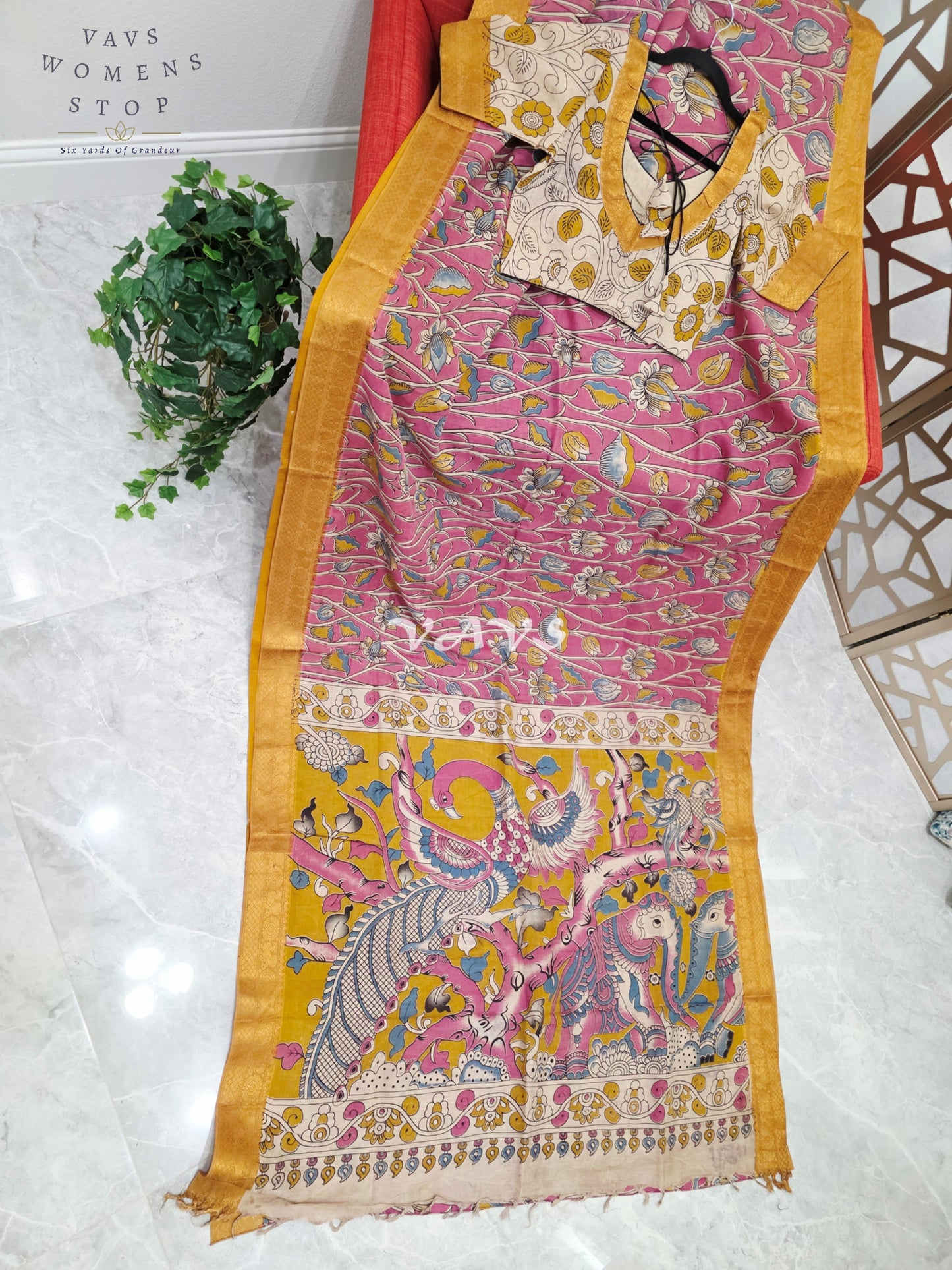 Regal Rose Pink Kalamkari Silk Saree with Mustard Gold Nizam Border & Ivory Stitched Blouse Size 36-42