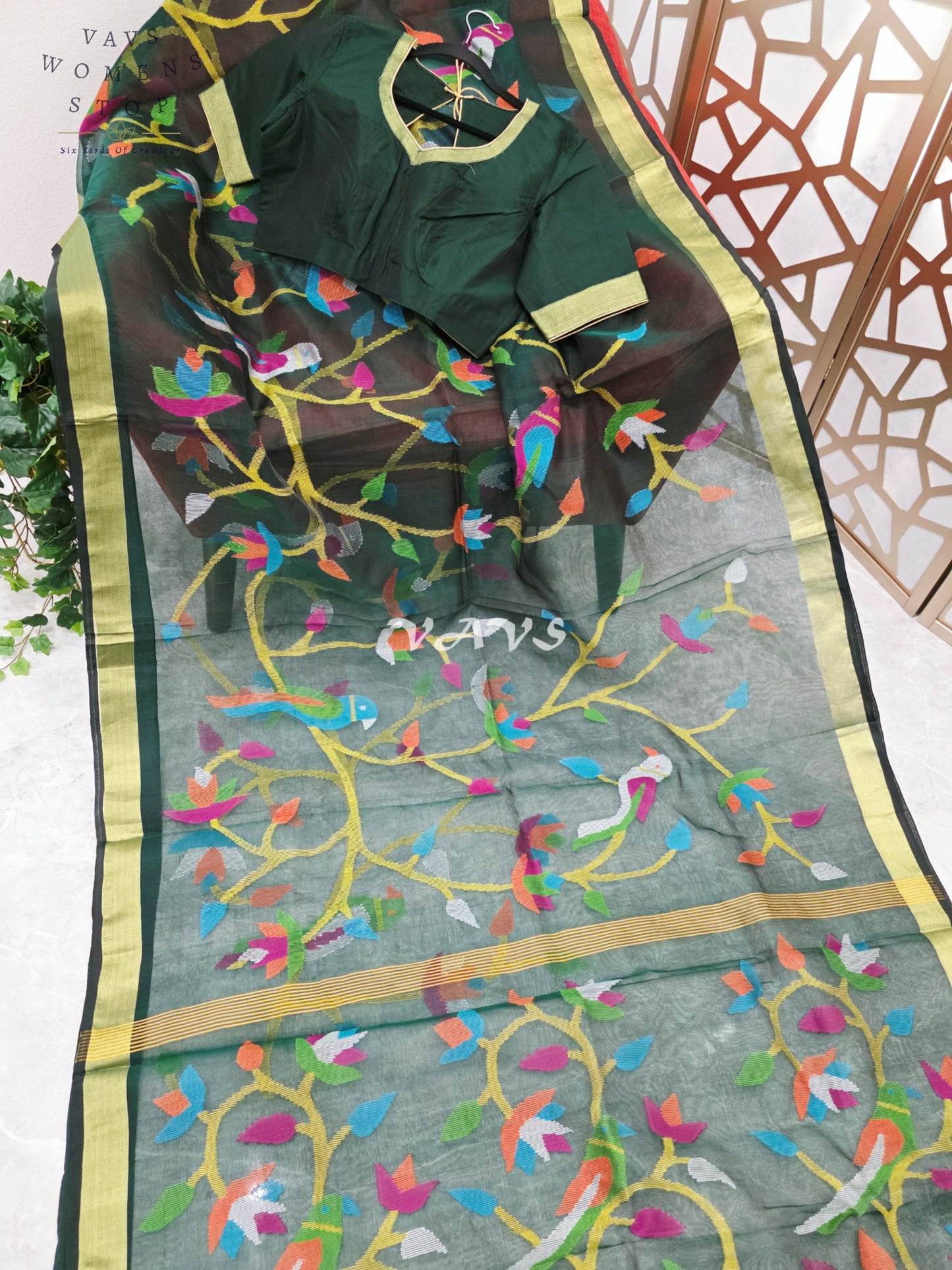 Emerald Forest Green Pure Muslin Silk Jamdani Saree with Multicolor Birds & Stitched Blouse Size 42-48