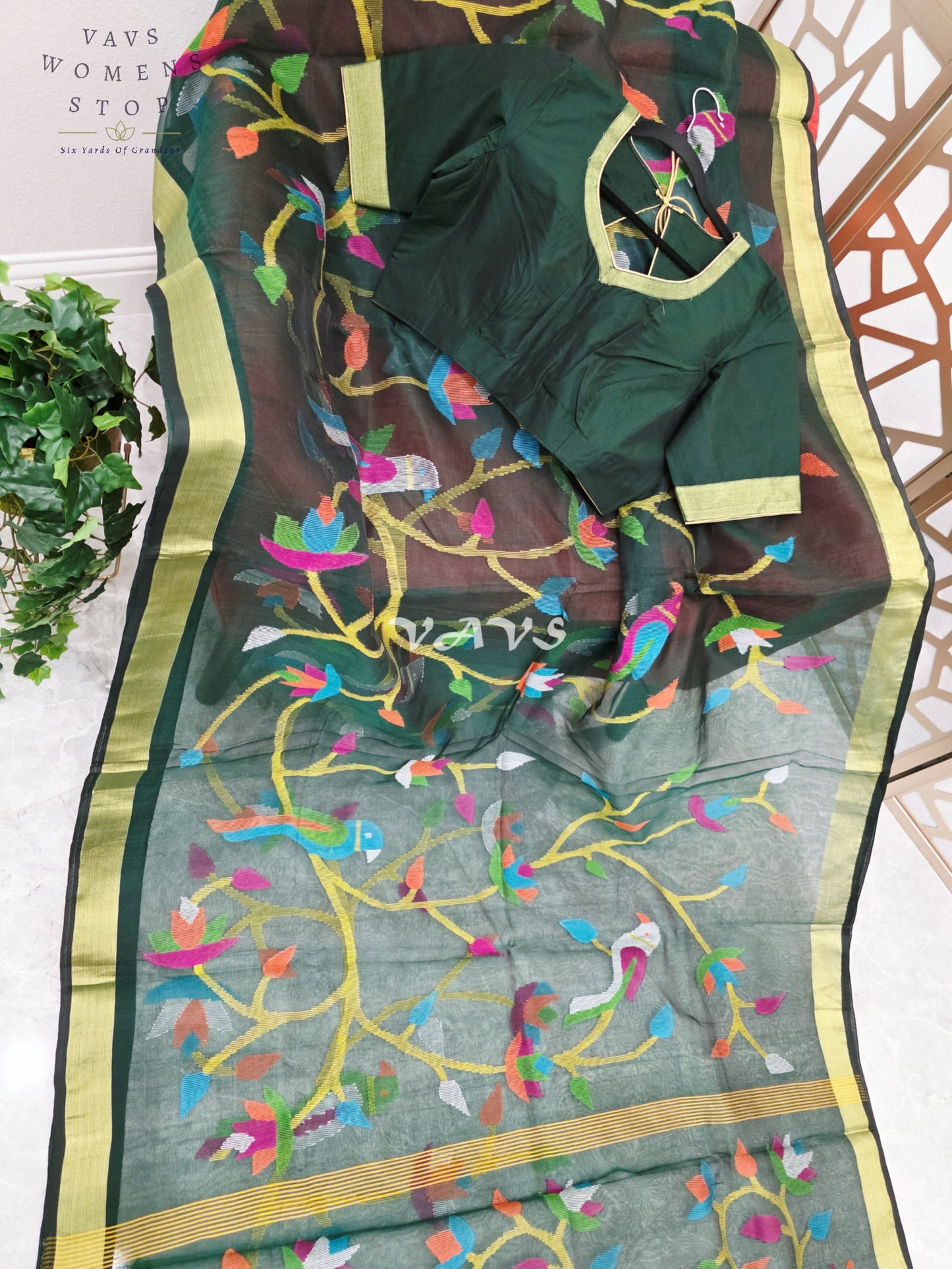 Emerald Forest Green Pure Muslin Silk Jamdani Saree with Multicolor Birds & Stitched Blouse Size 42-48