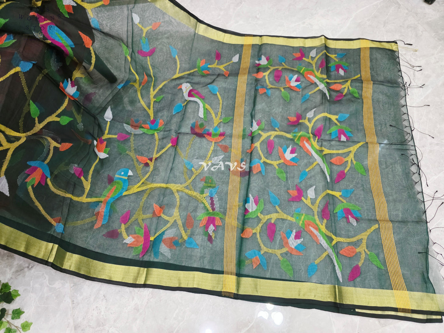 Emerald Forest Green Pure Muslin Silk Jamdani Saree with Multicolor Birds & Stitched Blouse Size 42-48