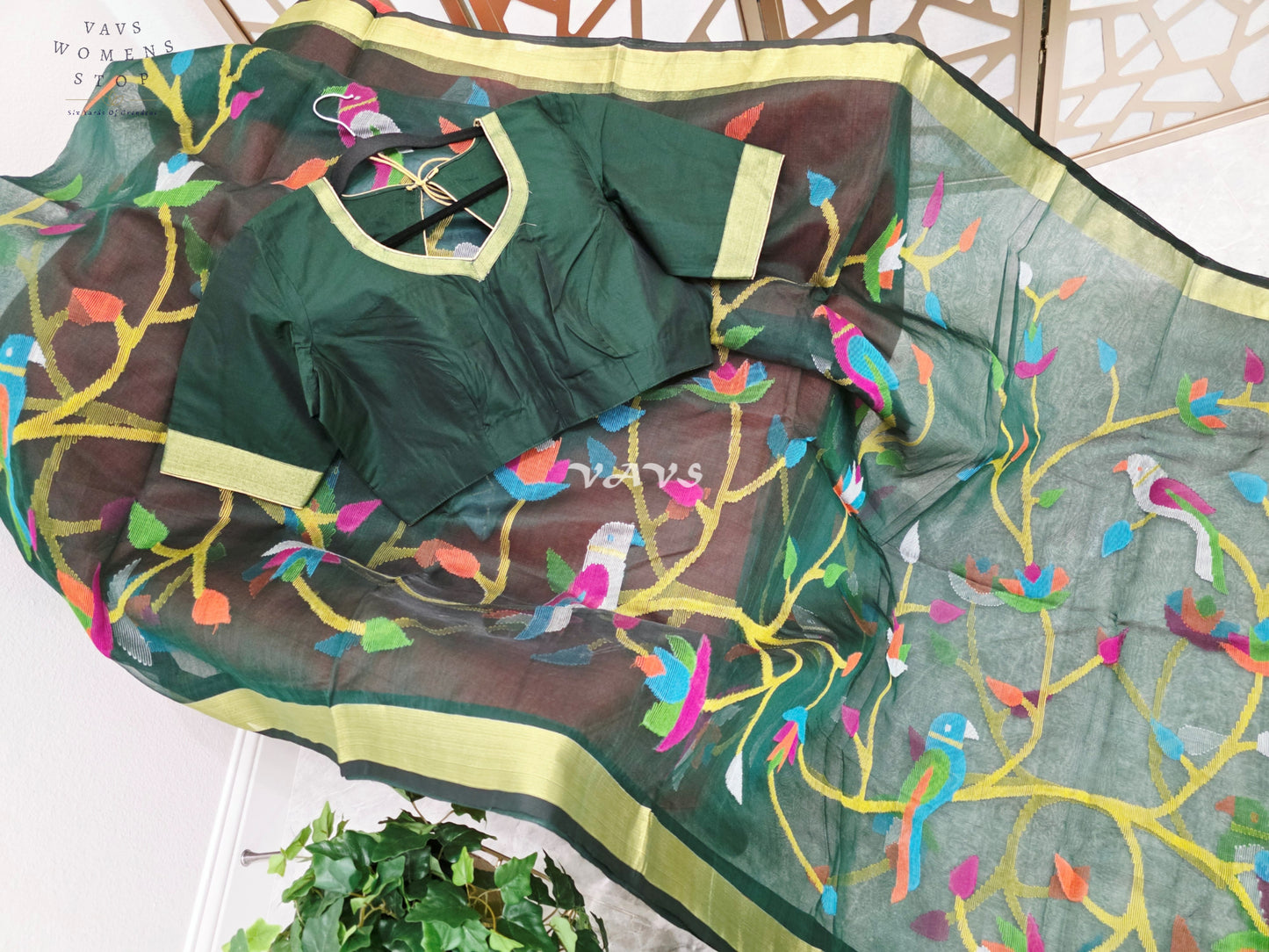 Emerald Forest Green Pure Muslin Silk Jamdani Saree with Multicolor Birds & Stitched Blouse Size 42-48