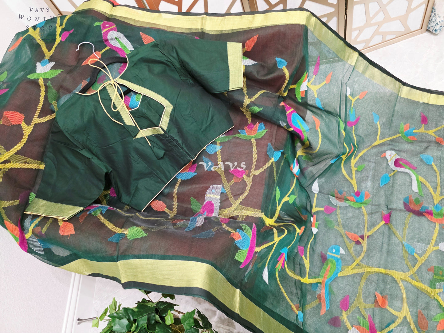 Emerald Forest Green Pure Muslin Silk Jamdani Saree with Multicolor Birds & Stitched Blouse Size 42-48