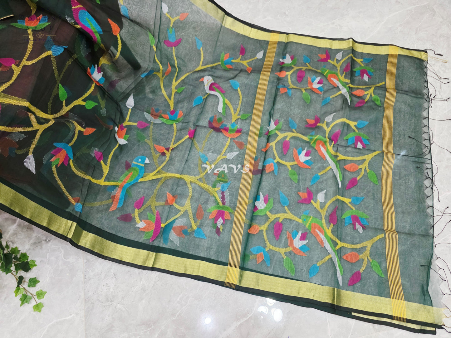 Emerald Forest Green Pure Muslin Silk Jamdani Saree with Multicolor Birds & Stitched Blouse Size 42-48