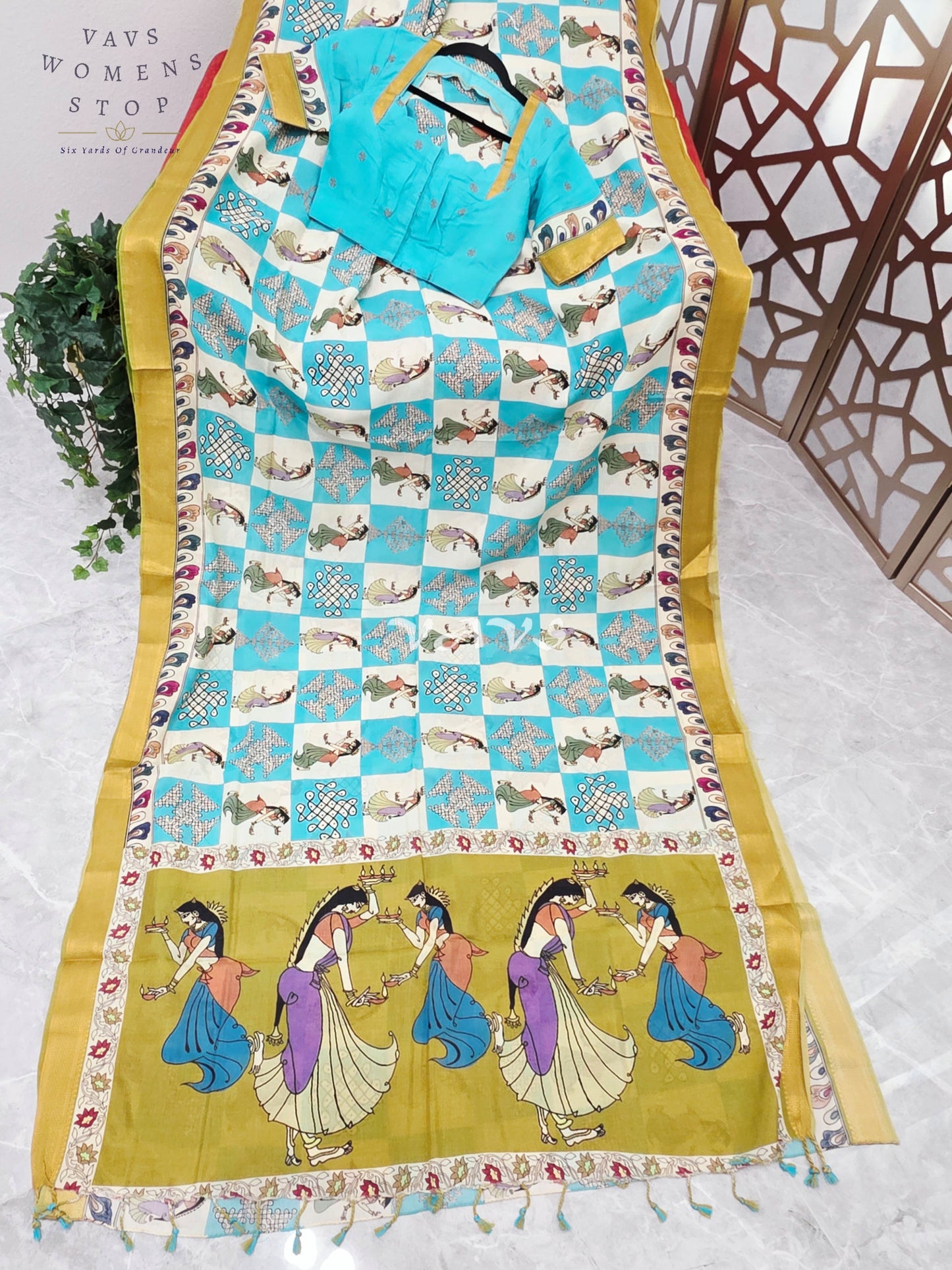 Regal Turquoise & Ivory Green Kalamkari Silk Saree with Mustard Nizam Border & Turquoise Stitched Blouse Size 34-40