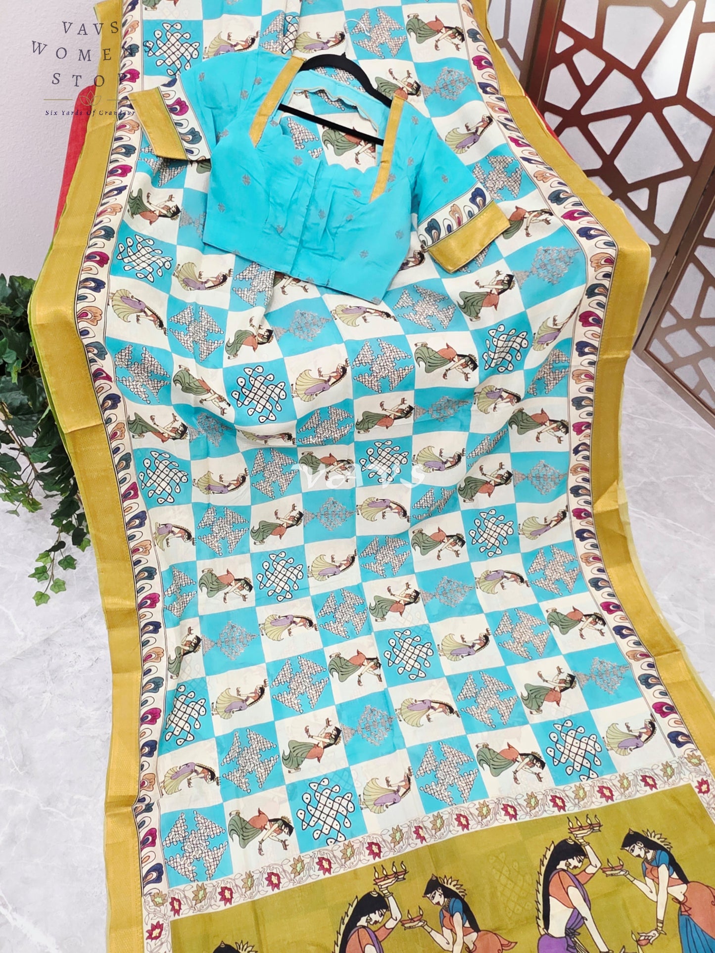 Regal Turquoise & Ivory Green Kalamkari Silk Saree with Mustard Nizam Border & Turquoise Stitched Blouse Size 34-40