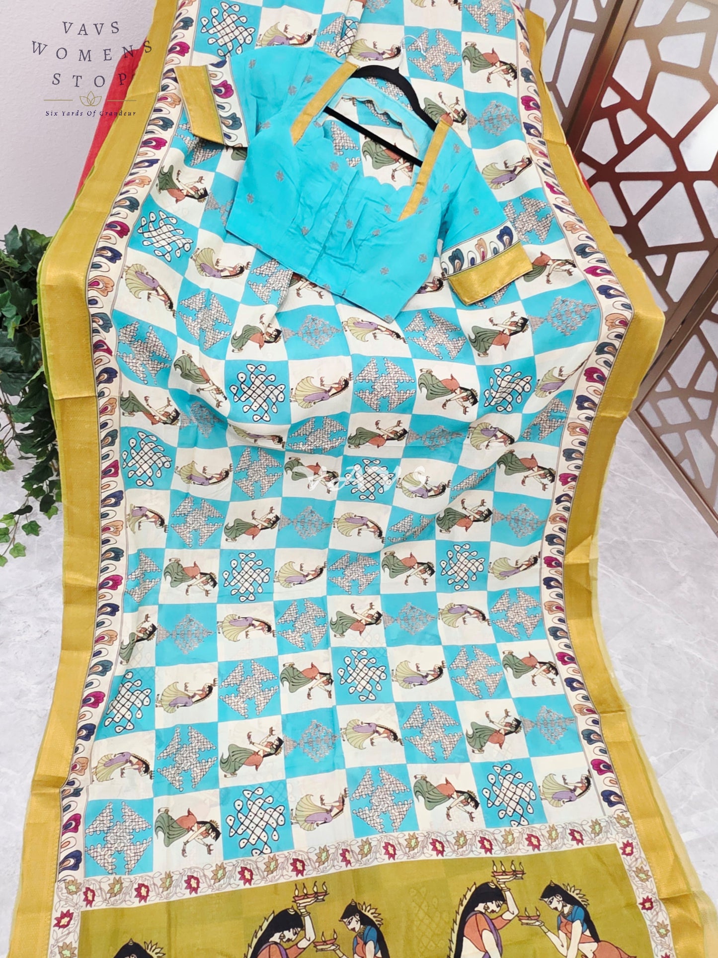 Regal Turquoise & Ivory Green Kalamkari Silk Saree with Mustard Nizam Border & Turquoise Stitched Blouse Size 34-40