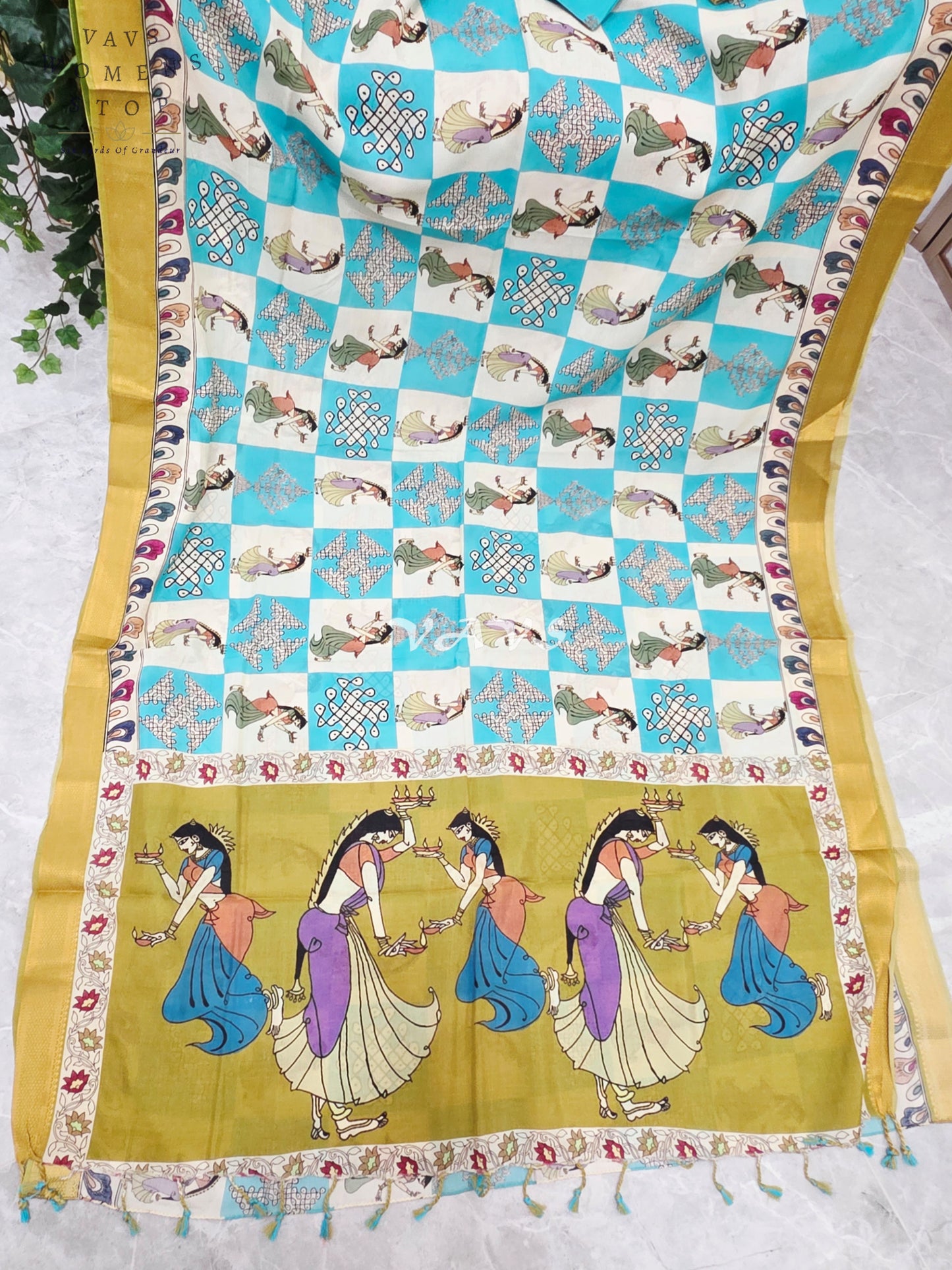 Regal Turquoise & Ivory Green Kalamkari Silk Saree with Mustard Nizam Border & Turquoise Stitched Blouse Size 34-40
