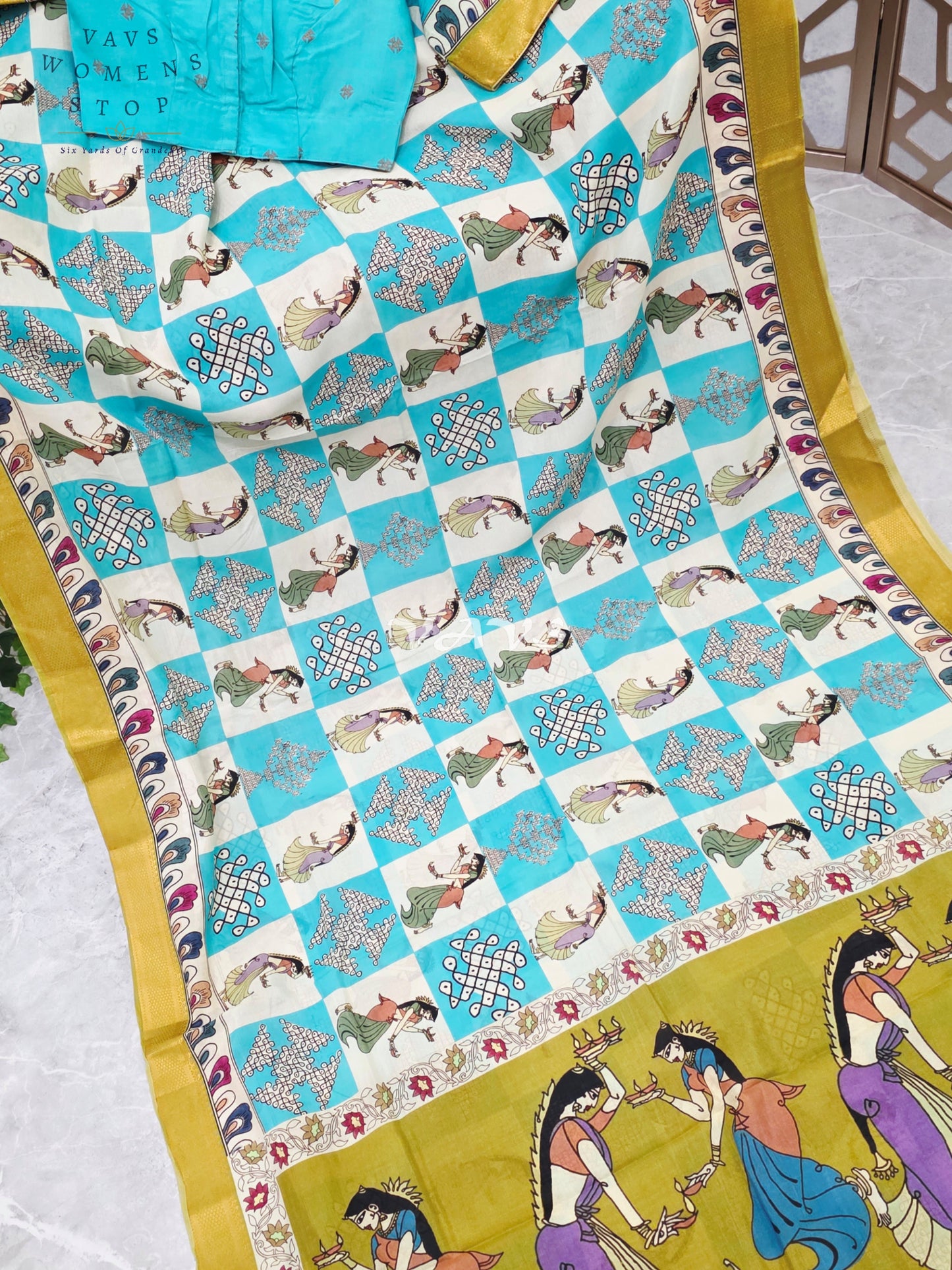 Regal Turquoise & Ivory Green Kalamkari Silk Saree with Mustard Nizam Border & Turquoise Stitched Blouse Size 34-40