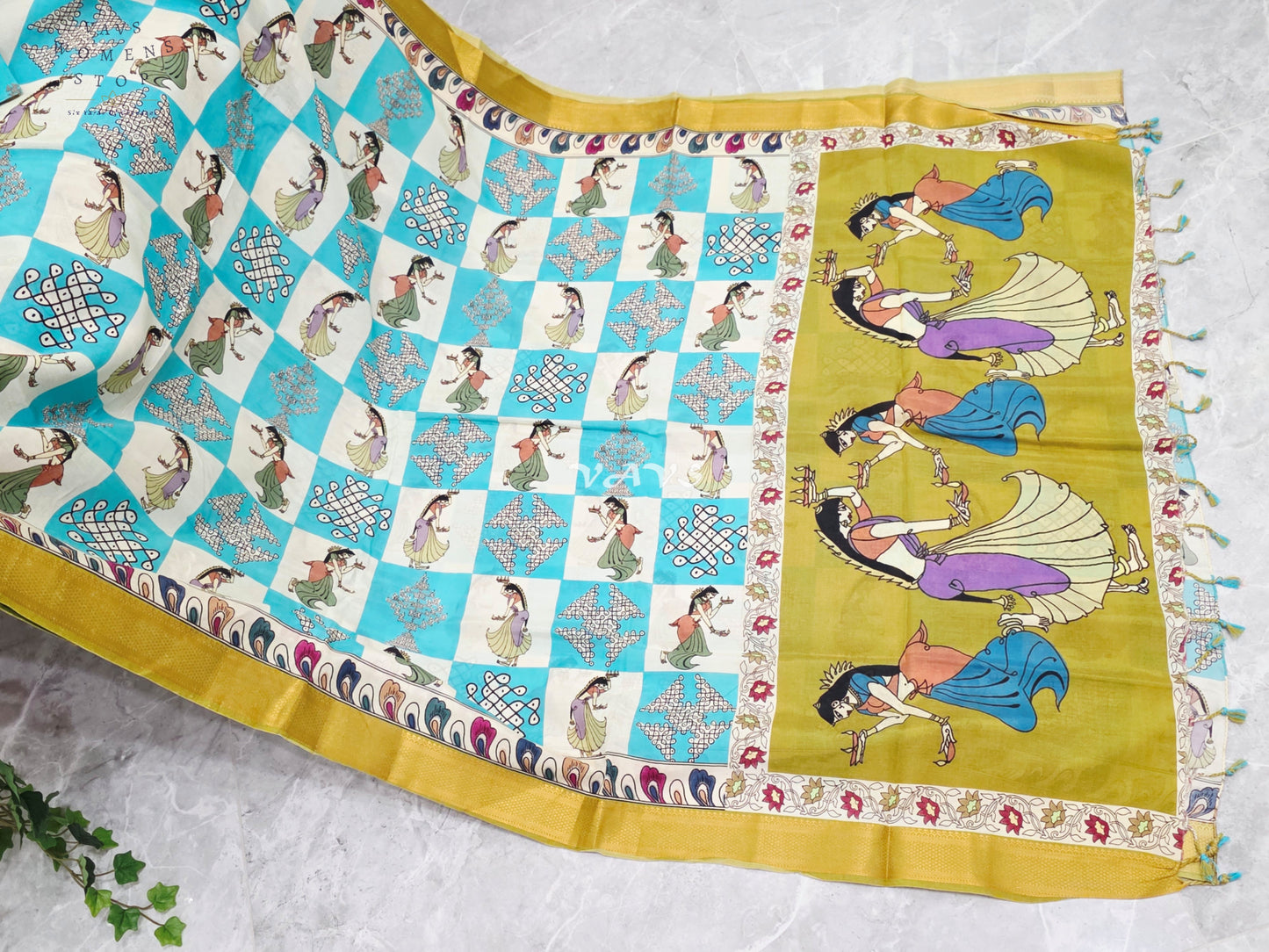 Regal Turquoise & Ivory Green Kalamkari Silk Saree with Mustard Nizam Border & Turquoise Stitched Blouse Size 34-40