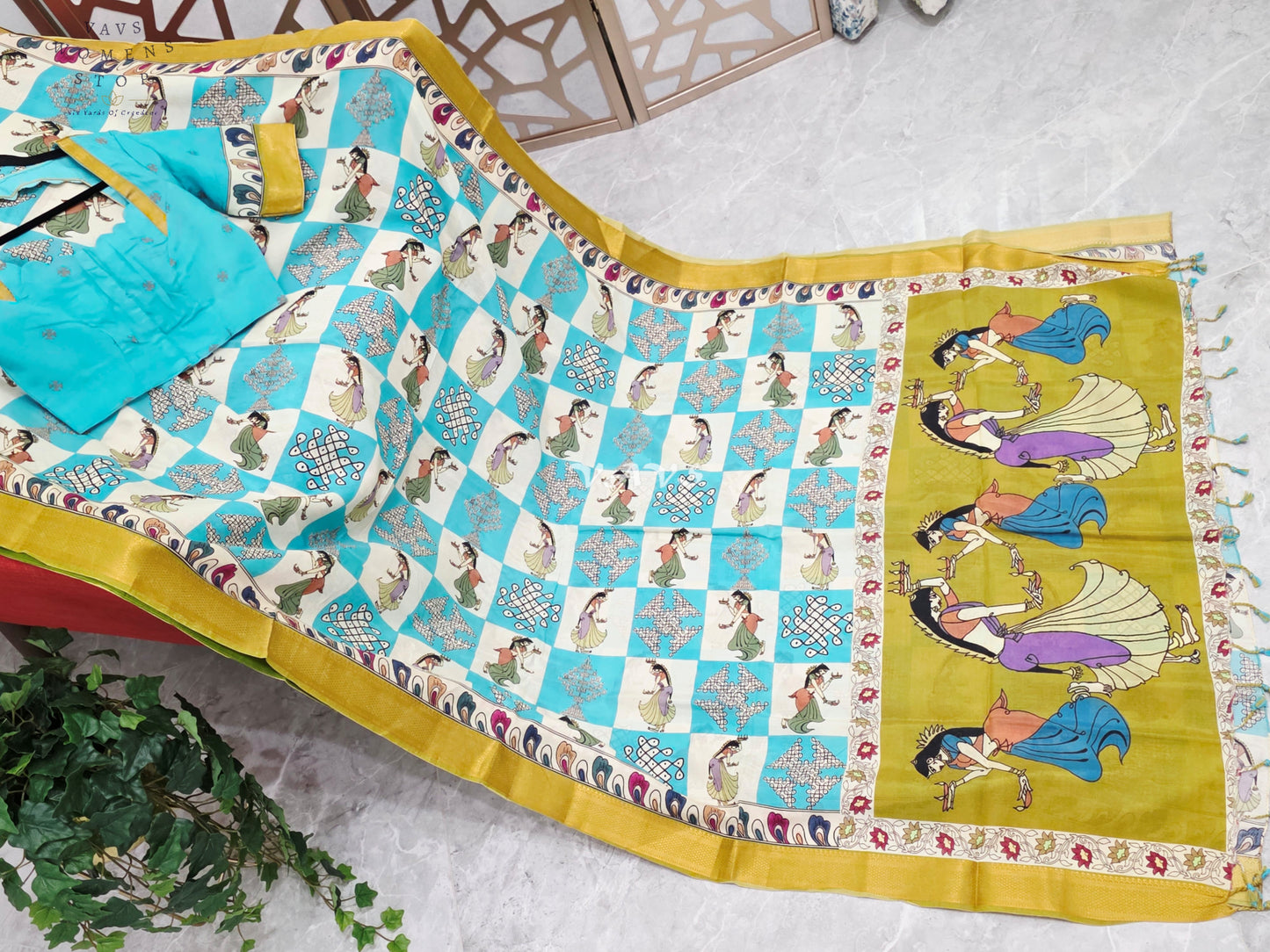 Regal Turquoise & Ivory Green Kalamkari Silk Saree with Mustard Nizam Border & Turquoise Stitched Blouse Size 34-40