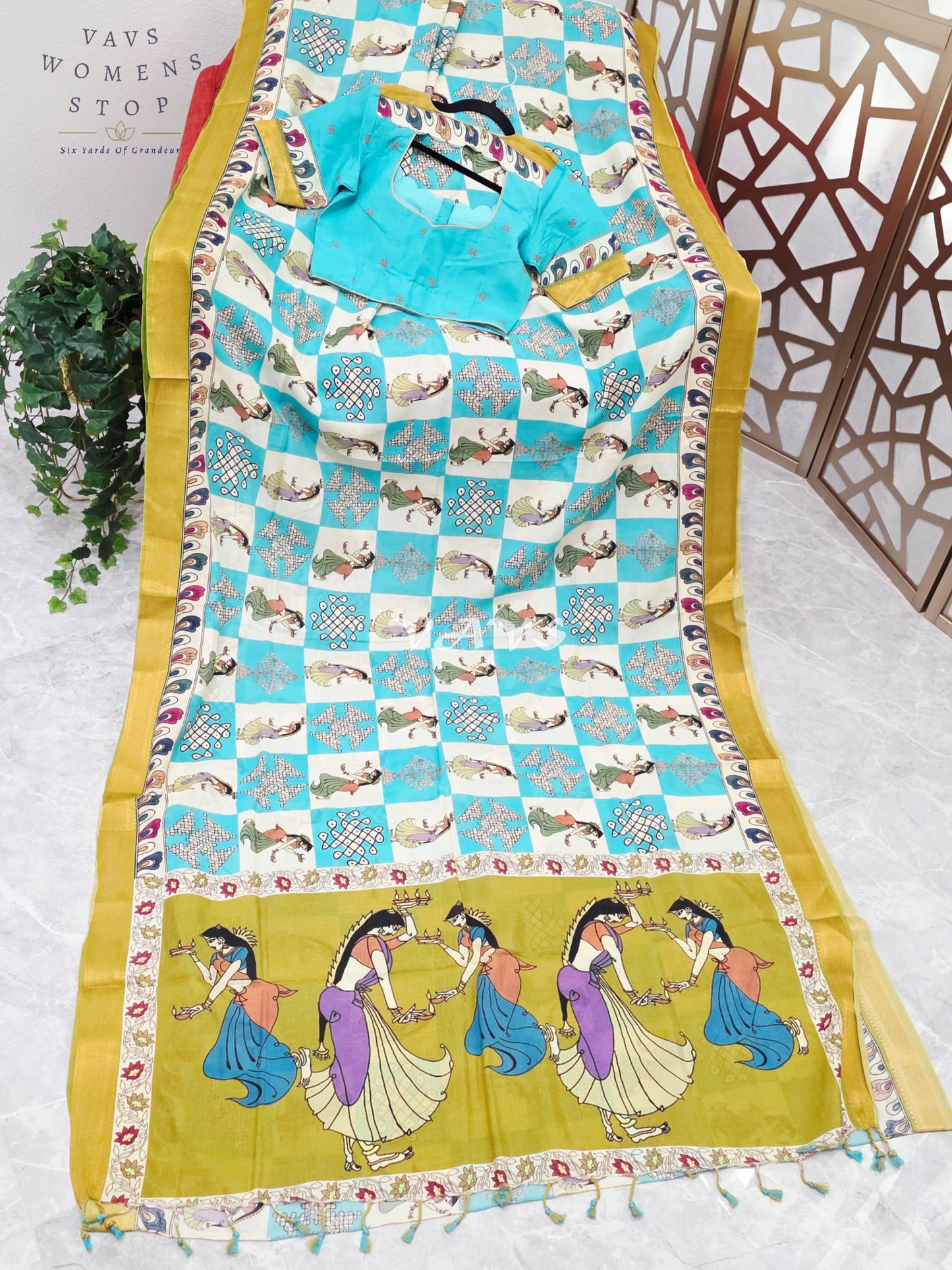 Regal Turquoise & Ivory Green Kalamkari Silk Saree with Mustard Nizam Border & Turquoise Stitched Blouse Size 34-40