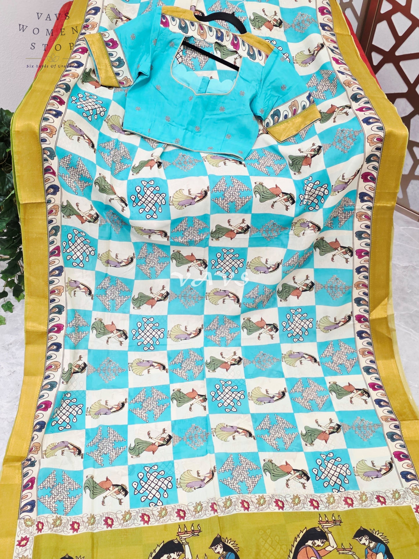 Regal Turquoise & Ivory Green Kalamkari Silk Saree with Mustard Nizam Border & Turquoise Stitched Blouse Size 34-40